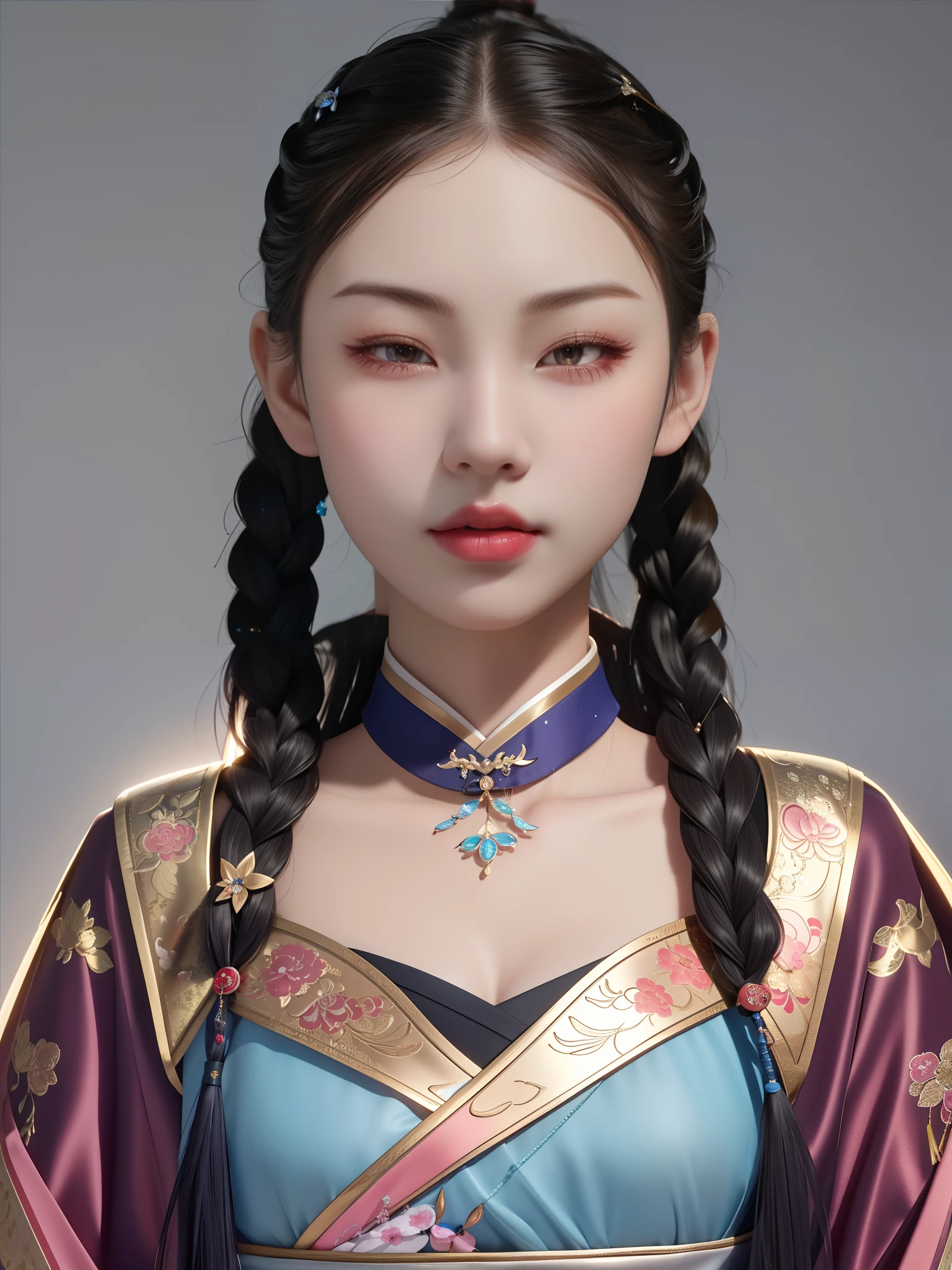 Need,tmasterpiece,A high resolution,1girll,Blushlush,(Seductive smile:0.8),starpupil,Chinese Hanfu,Twist braids,choker necklace,jewelry,beautfully face,little breast，On_Body,Dingdall effect,realisticlying,Shadow room,light edge,Two-tone lighting，（highdetailskin：1.2），8K Ultra HD，Slr，softlighting，high high quality，Volumetriclighting，sneak shot，photore，A high resolution，4K，8K，Background bokeh