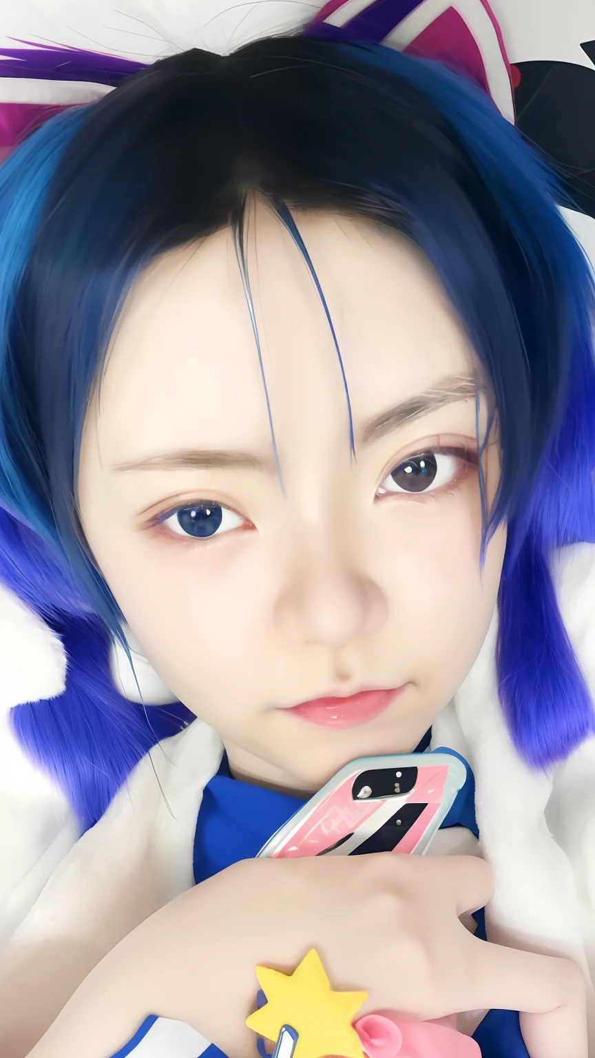 anime girl with blue hair holding a cell phone in her hand, short blue haired woman, rei hiroe, shinobu, yayoi kasuma, sayori, anime girl named lucy, anime visual of a cute girl, close up of a young anime girl, 2 d anime style, anime visual of a young woman, as an anime character