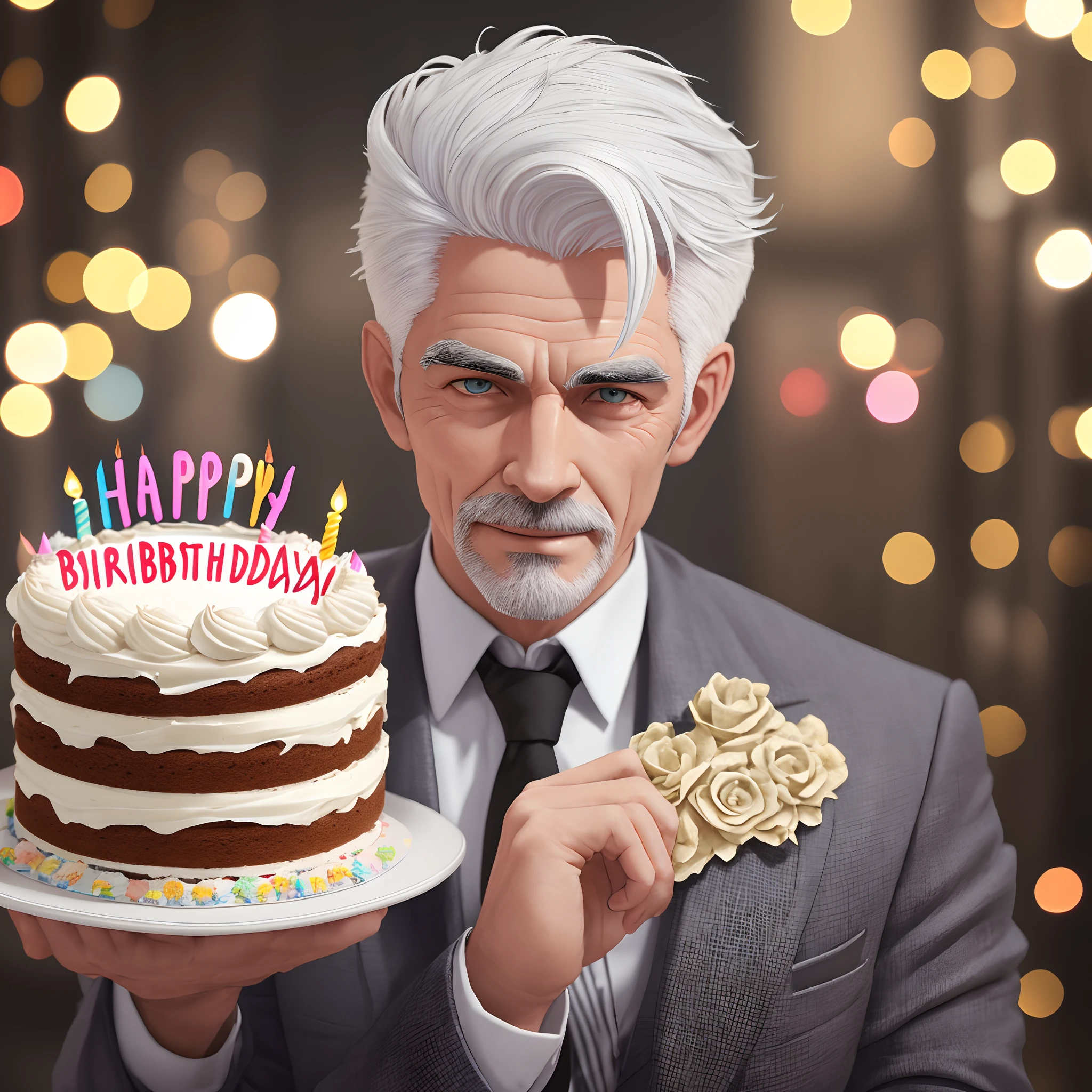 A handsome man with white hair holds a cake in his hand,Close-up of celebrating your own happy birthday,grim eyes,Handsome face,The most beautiful background,Happy birthday celebration,Ask for cake,Best quality at best,hyper-detailing,arte 3D,c4d, OC renderer, a 3D render, 8k --auto --s2