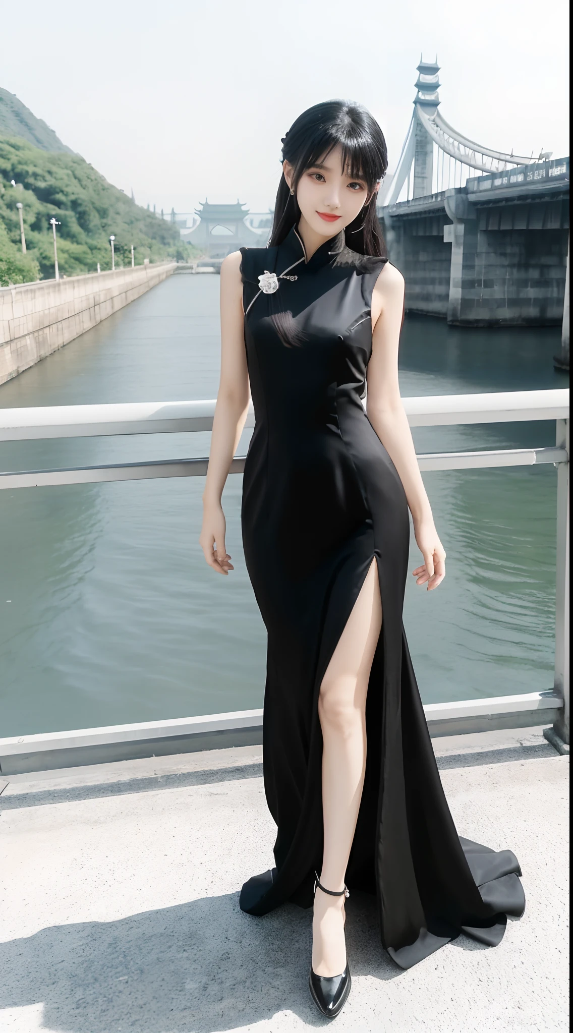 Woman in black dress and white shoes posing on bridge, full-body xianxia, Anime girl wearing black dress, Sexy dress, Chinese girl, she wears a black dress, dressed with long fluent clothes, Wearing a black dress, pretty face with arms and legs, with a thin waist, elegant smiling pose, gorgeous chinese models, photo of slim girl model