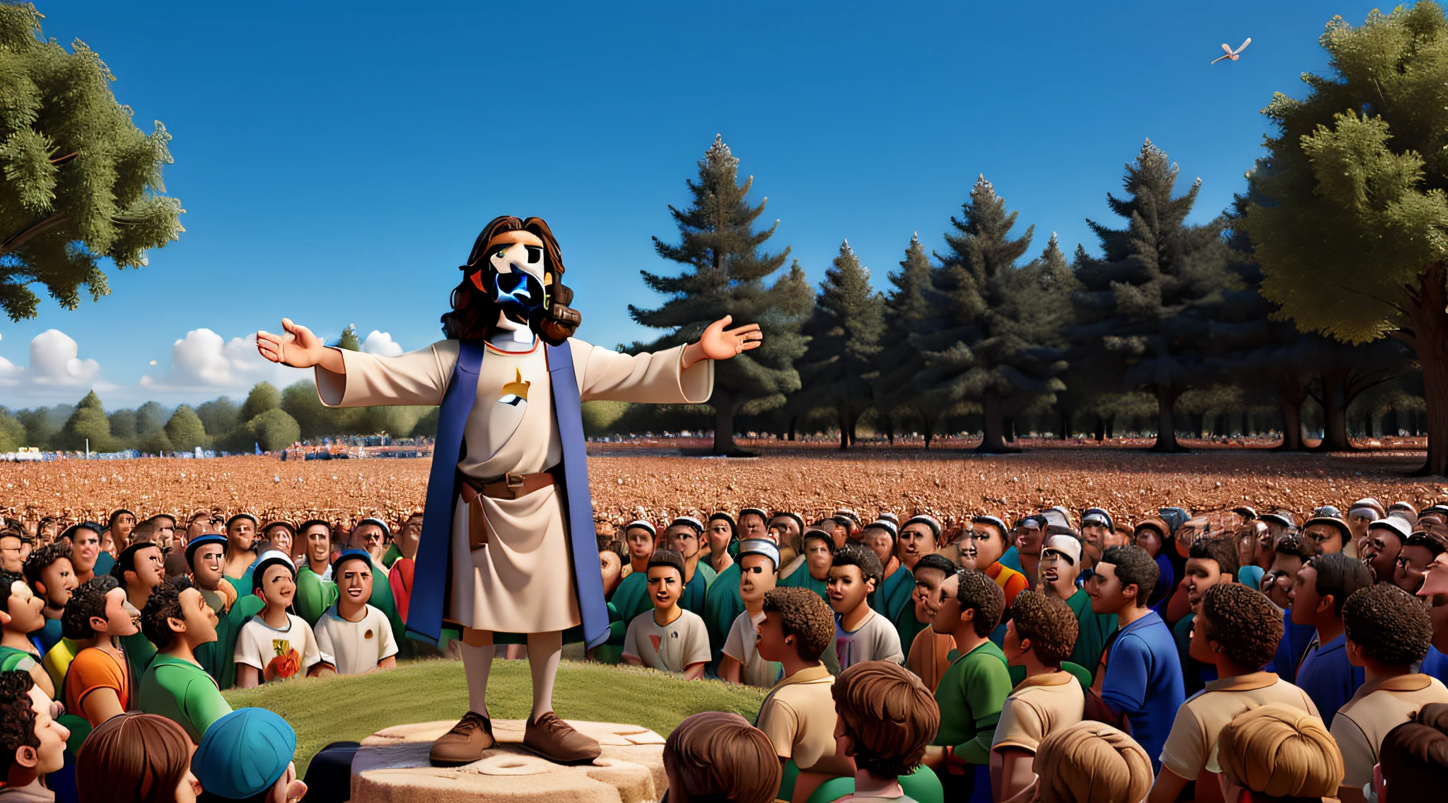 Jesus speaking to a crowd outdoors. Like a Disney cartoon.