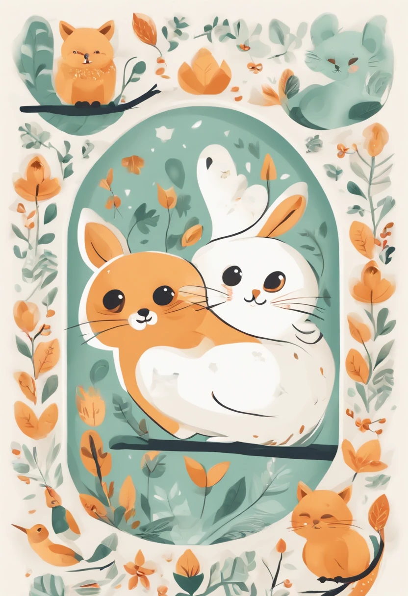 (Cartoon critters),adolable,(Sticker screen),white edges,Distribute to typesetting sets,Sticker style,Flat style,Small animals,cute illustration,Flat illustration,paper cut out,