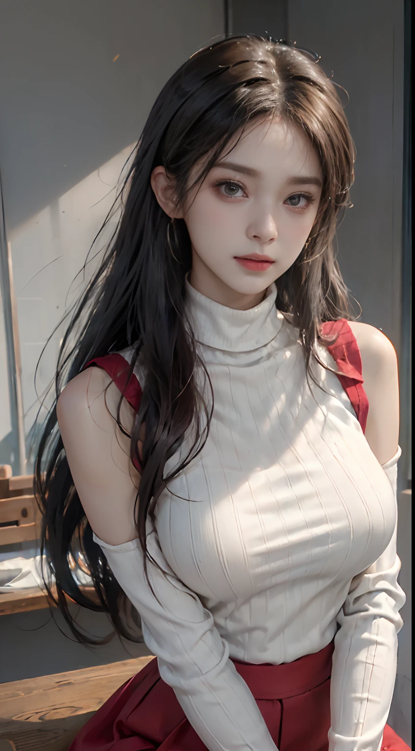(8K, 超A high resolution, Best Quality, masutepiece:1.2)、RAW portrait of japanese girl、超A high resolution、top-quality、 (huge-breasted,:1.4)、{Hide all breasts}{(Off-white skinny long skirt):1.6}、(Wear a red sleeveless turtleneck sweater:1.5)、(Keep your crotch open:1.5)、(fittingroom:1.2) BREAK (Natural Skin Texture、Detailed skin、Hyper-Realism、ultra sharpness)、intricate detailes、depth of fields、Sexy adult woman、Black Hair Short Hair、Toned buttocks、((tmasterpiece、top-quality、high detal))、(Photorealsitic:1.4)、独奏、Keep one's mouth shut、Smile happily、largeeyes、Distinct double eyelids、Eye lashes、long neck、Absolute area、Clean collarbone、face perfect、thin lips、a small face、(Gaze towards the viewer、Highlights in the eyes、Light brown eyes、Gloss on lips)、