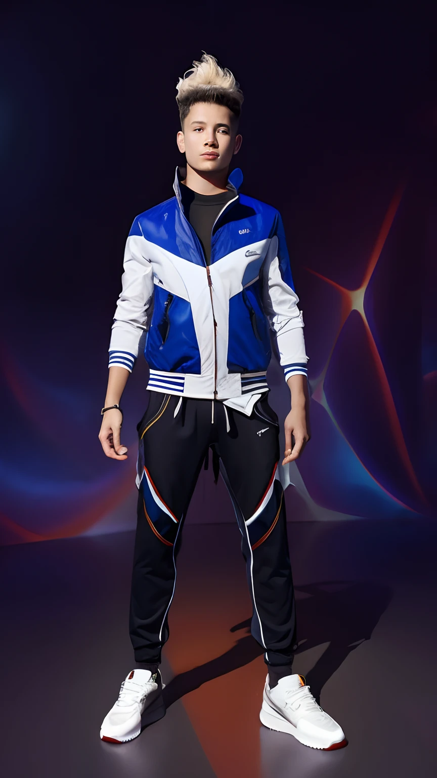1 boy,White rage cobra hair,Starsea navy jacket,Starsea navy pants,White sports shoes, realistic