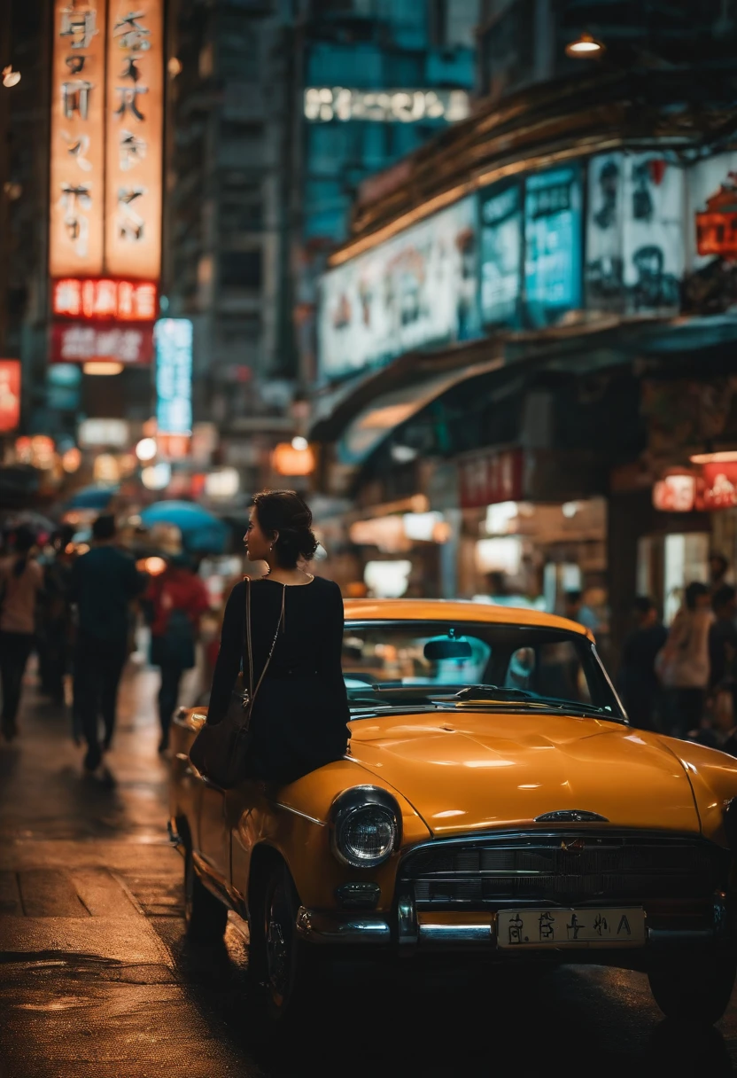 Cinema lenses, cinematic lighting, Photo, beautiful girl walking, vehicle, city, Hong Kong movie scenes