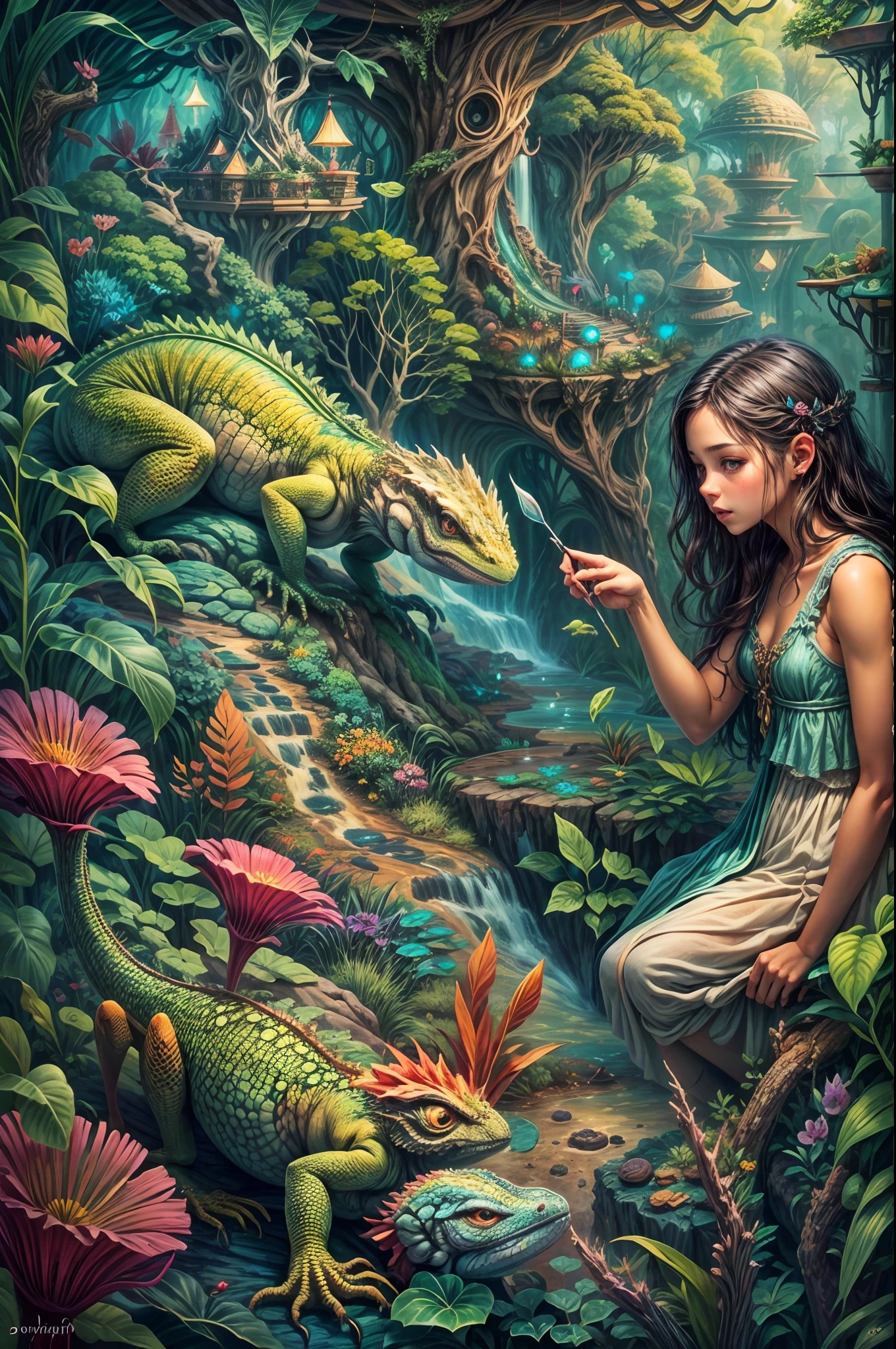 "Painting, girl and lizard, lush fantasy world, whimsical, vivid hues, floating islands, epic adventure, intricate details