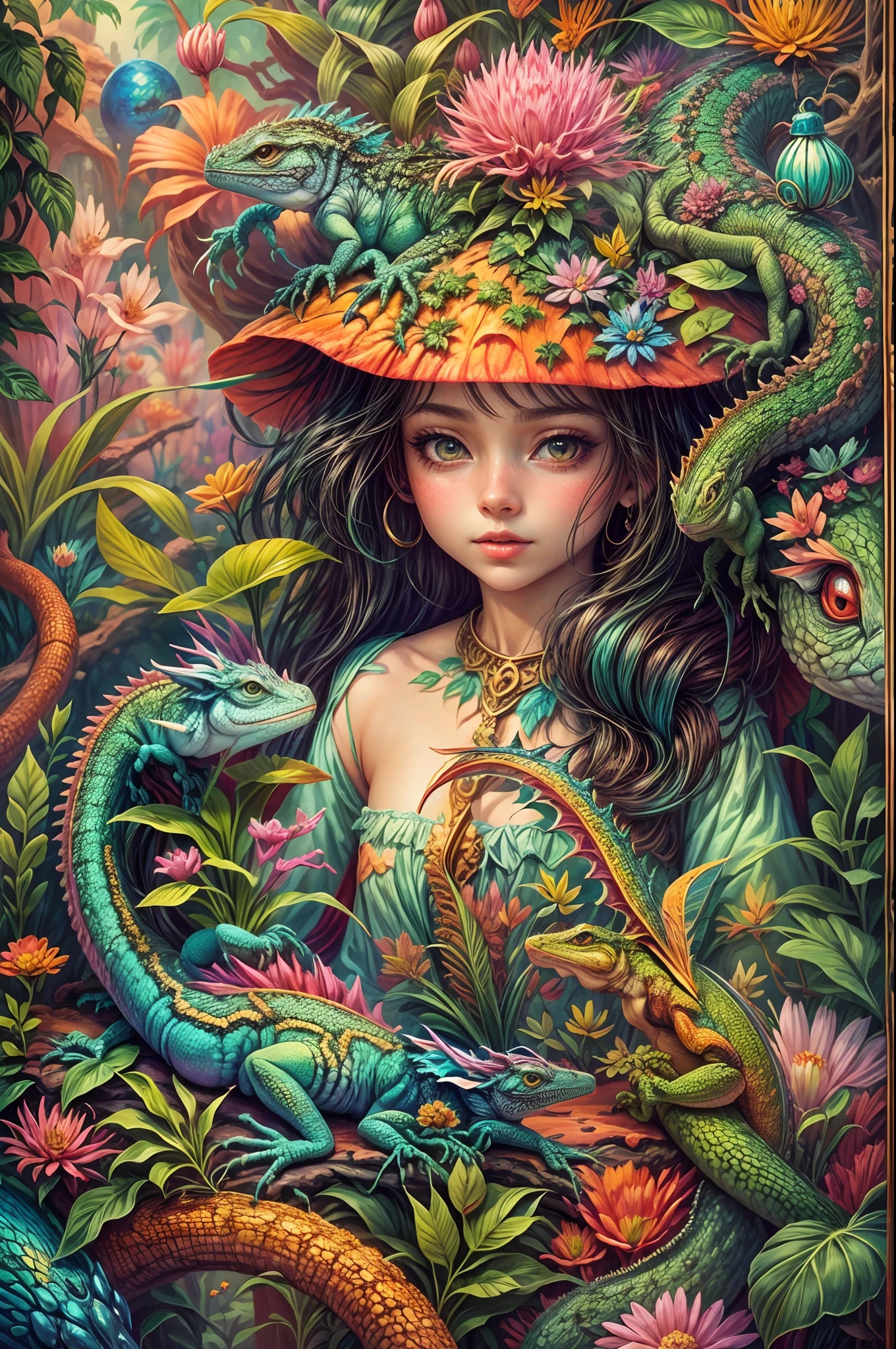 "Painting, girl and lizard, lush fantasy world, whimsical, vivid hues, floating islands, epic adventure, intricate details
