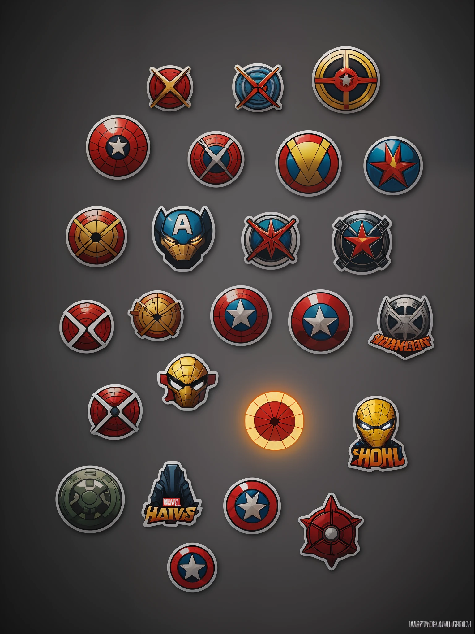 A set of stickers of marvel heroes,gray background, studio lights, shinning and glowing lit effects, detailed sticker set, 24K UHD resolution