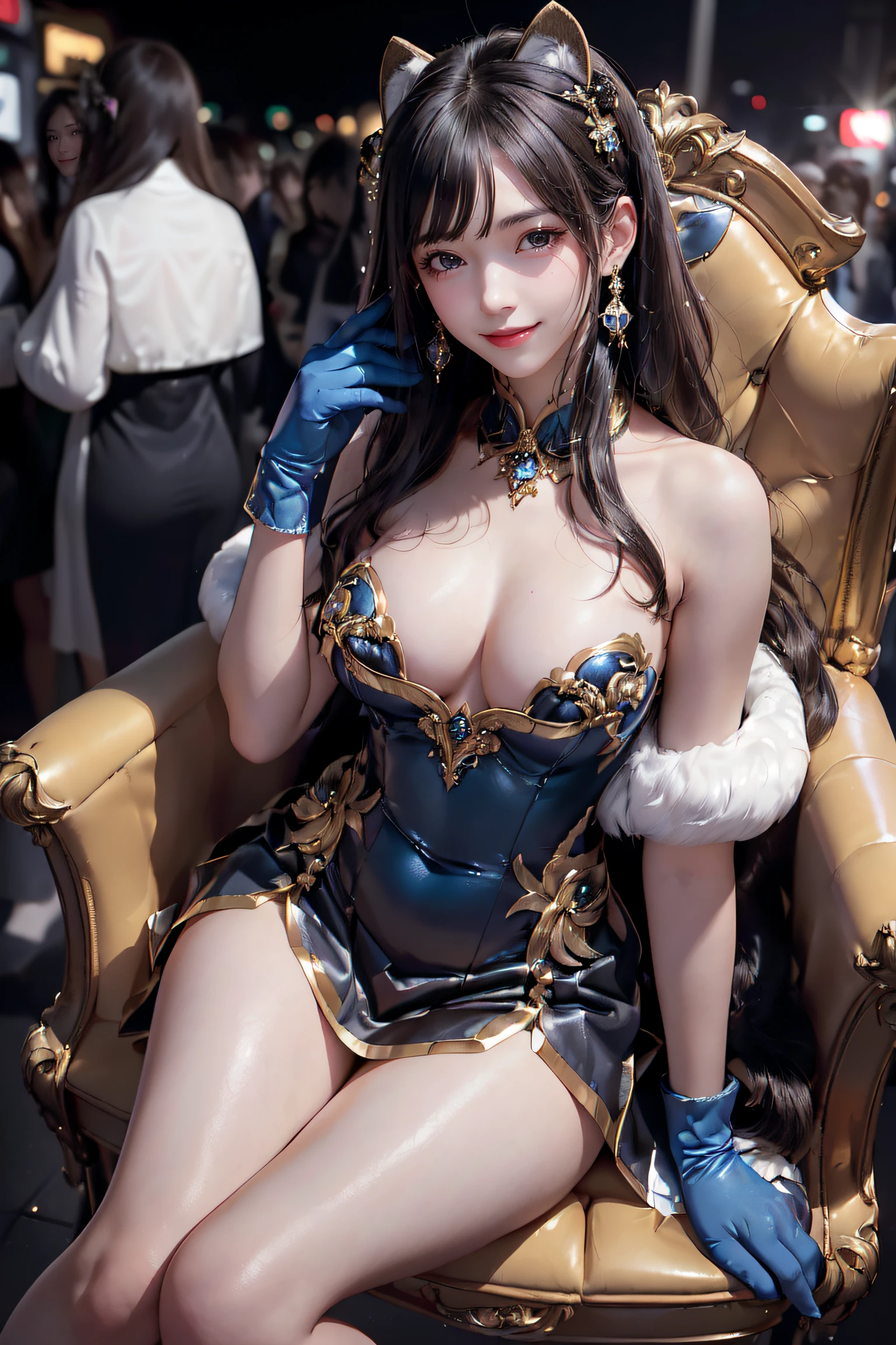 masterpiece, top-quality, top-quality, Beautifully Aesthetic:1.2, ((1girl, solo):1.5), party night, ((Wearing a high-quality spade-shaped cutout Blue costume of fur, gloves, A fluffy fur mini skirt):1.2), (Silver pin heels:1.1), high detailed, (Sitting on the Luxury chair with Showing underboob:1.3), large breasts, firm breast, nicely shaped breasts, slender figure, 
((Dark Brown Hair)), wavy hair, (medium long hair:1.2), 
((in the middle of very crowded Shibuya's scramble crossing at late night)), ((Surrounded by many people wearing various costumes)), (Full body shot:1.1), (From below:1.3),
