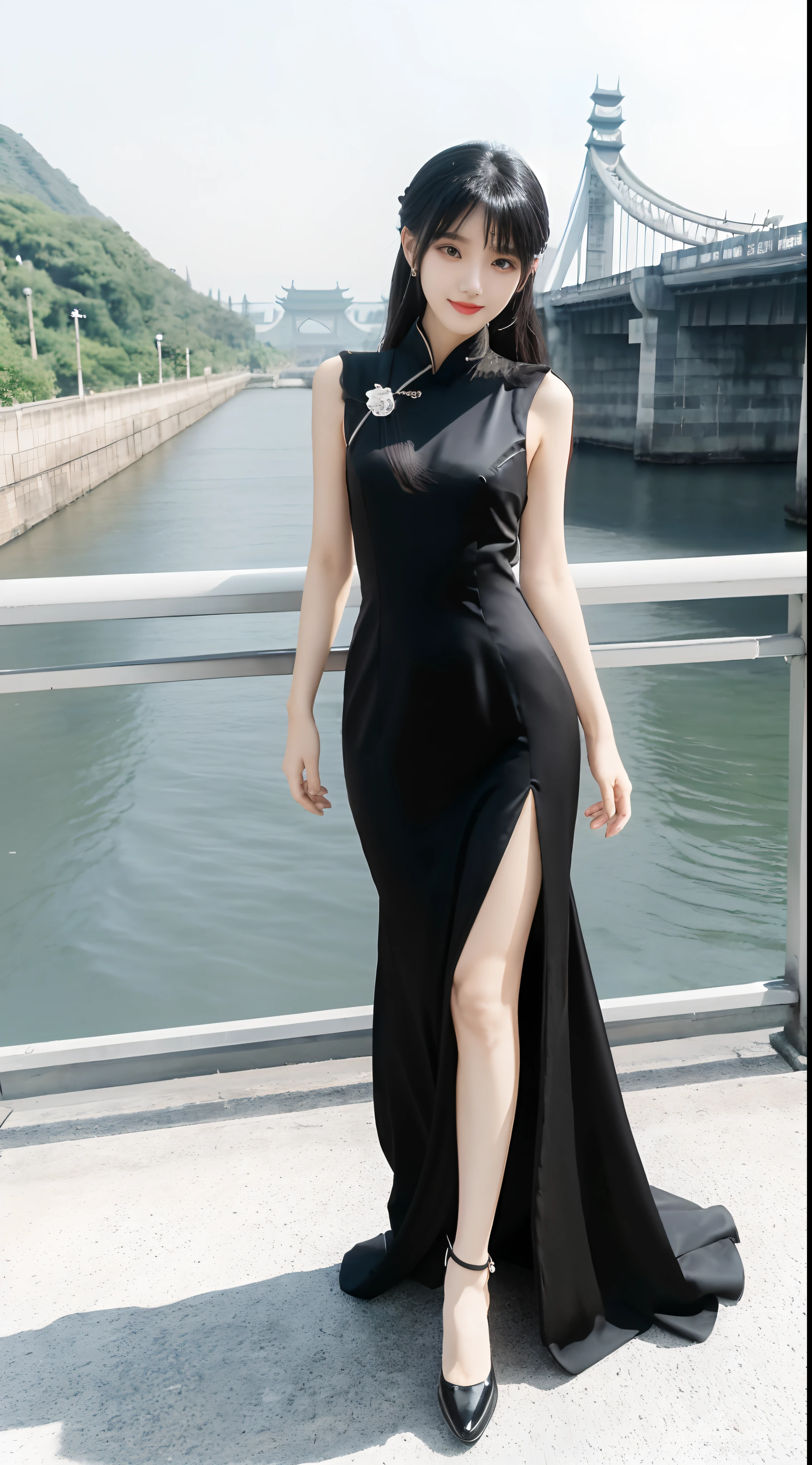 Woman in black dress and white shoes posing on bridge, full-body xianxia, Anime girl wearing black dress, Sexy dress, Chinese girl, she wears a black dress, dressed with long fluent clothes, Wearing a black dress, pretty face with arms and legs, with a thin waist, elegant smiling pose, gorgeous chinese models, photo of slim girl model