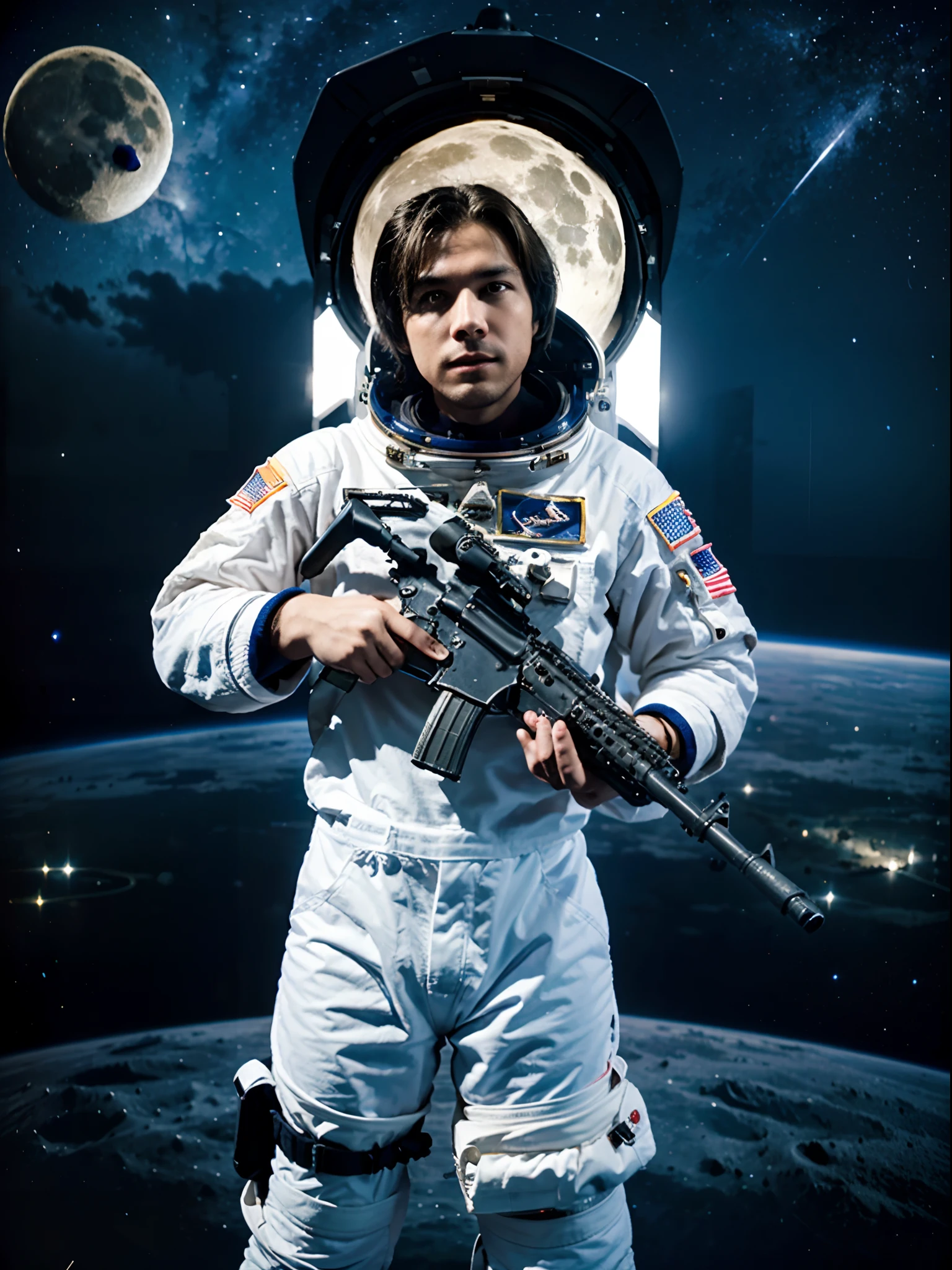 1man, male focus, Astronaut, m4a1, holding gun, space station backdrop, solo, Moon, masterpiece, best quality
