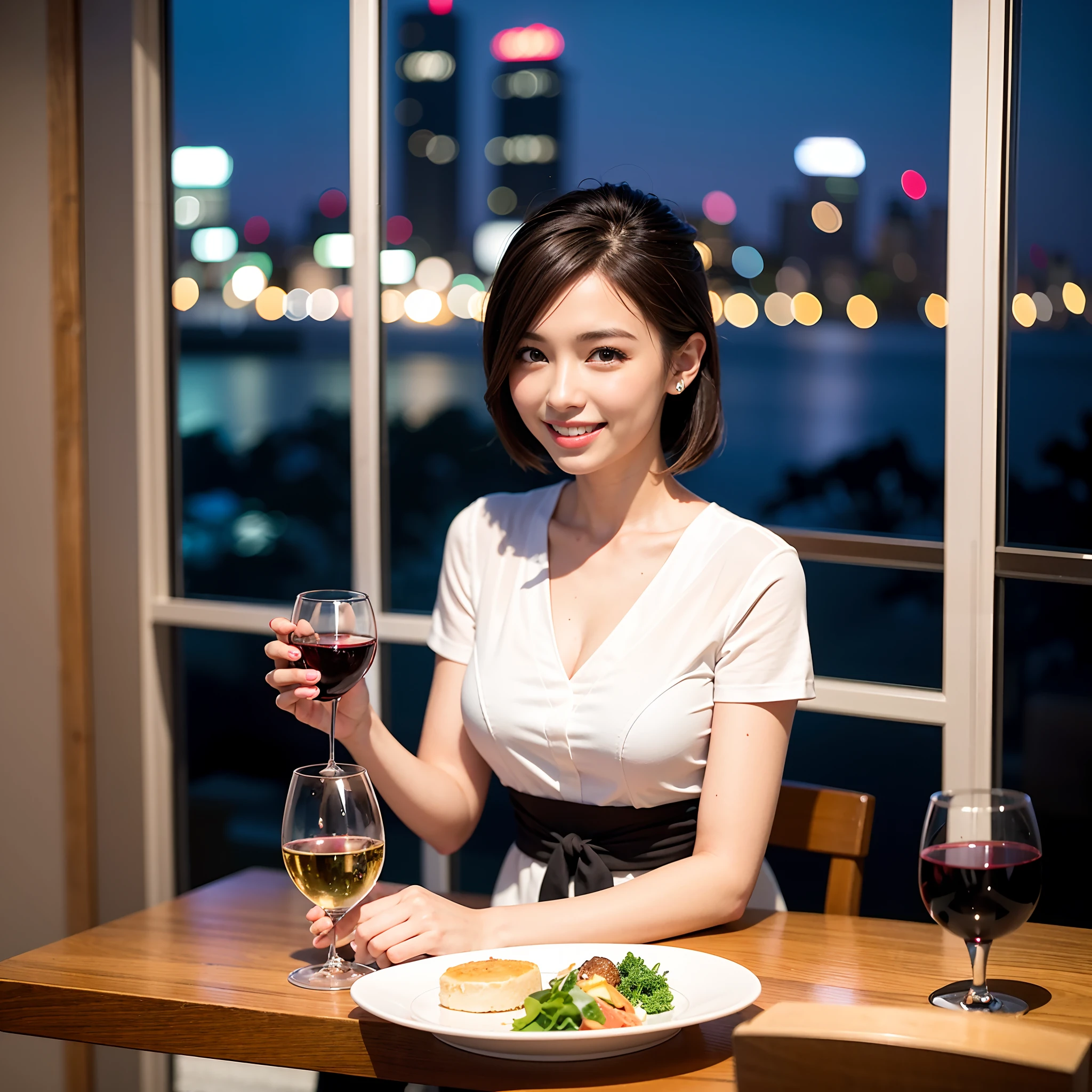 (64K, UHD, top quality, masterpiece: 1.2), (realistic, photorealistic: 1.37), super detailed, pretty woman 1 person, (slim face), (slim body), (brown hair), (short cut), cheeks slightly blushing, (44 years old), 38 years old, solo, beautiful detailed urban night view outside the window, restaurant, wine glasses sit, at night, in a prominent placeNovaFrogStyle, Actress, Model, Waist Up, White Wine, Slim, Wine Glass, Super Clean Night View, Wine Glass Put in the Middle, Happy Smile, (Smile: 1.15), Beautiful Fine Eyes, Upper Body, Bust Japan Up, Night, Short, Short, Actress, Model, Waist Up, White Wine, Slim, Wine Glass, Super Clean Night View, Wine Glass Put in the Middle, Happy Smile,