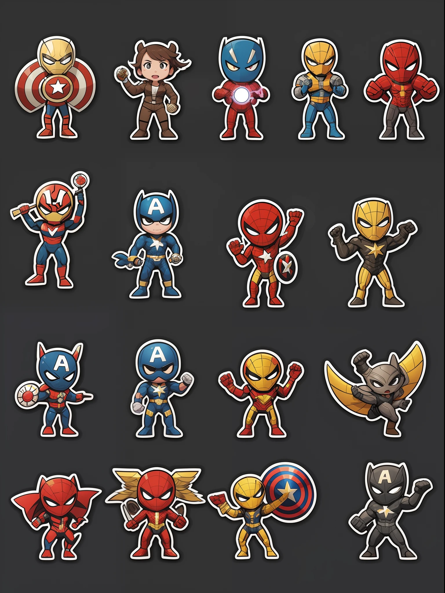 A set of stickers of marvel heroes,gray background, studio lights, shinning and glowing lit effects, detailed sticker set, 24K UHD resolution