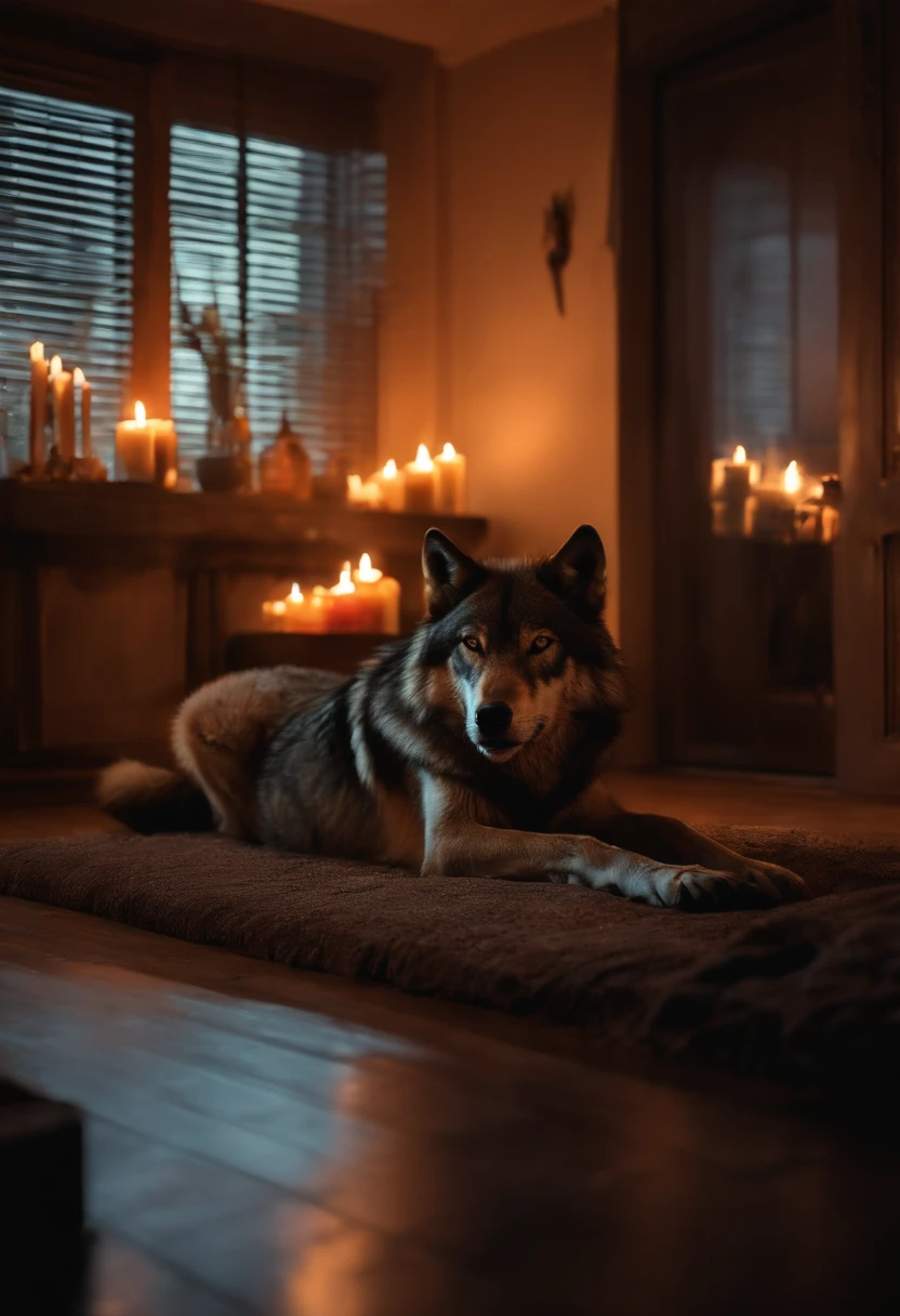 A wolf sitting alone and calm in an appartment, lighted by candles, at night, a pack of wolves behind him