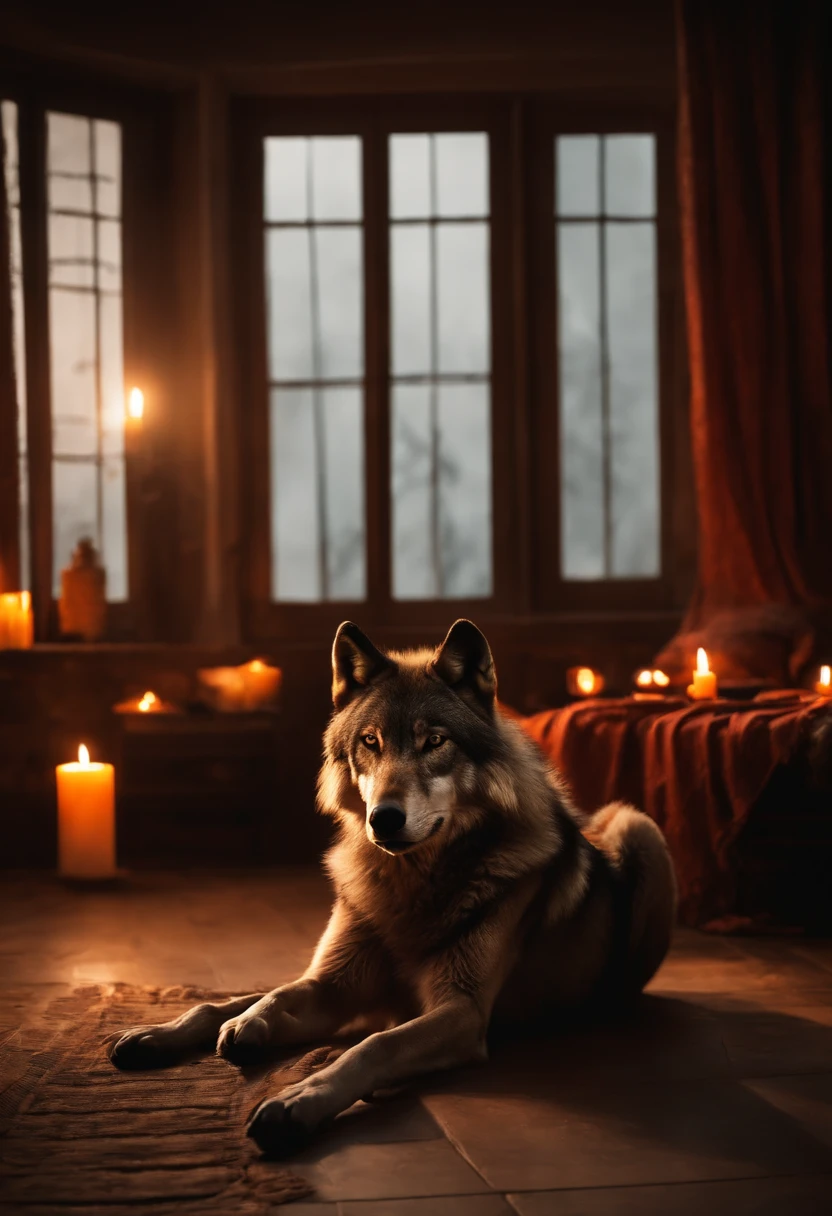 A wolf sitting alone and calm in an appartment, lighted by candles, at night, a pack of wolves behind him