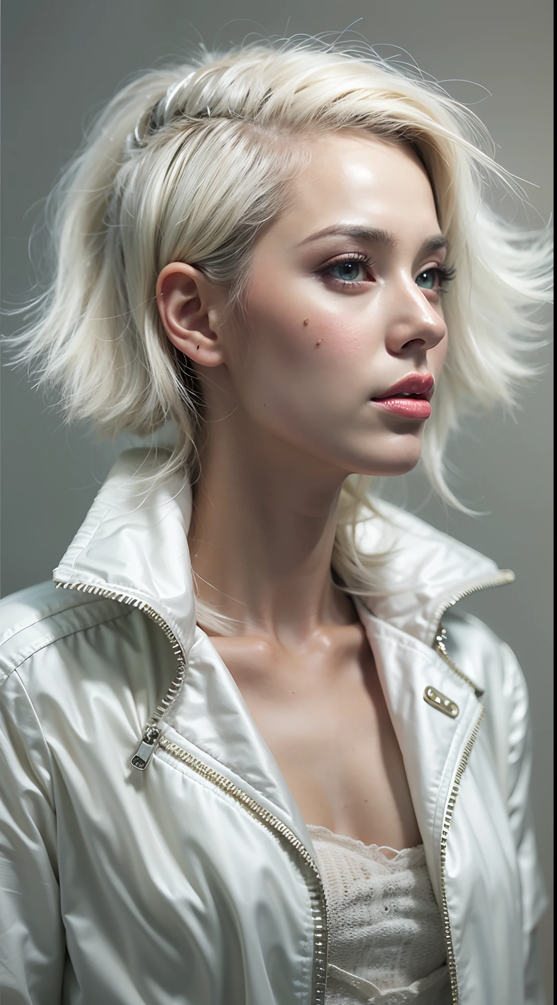 Retrato de corpo inteiro de um lindo modelo mulher adulta com cabelo brancos curtos, usando uma roupa de couro branco, hyper realistic, illustration, trending on ArtStation, disco Rigido, 4k, 8k, anatomia detalhada intrincada, design de personagens, Por James Gurney e Tom Bagshaw
