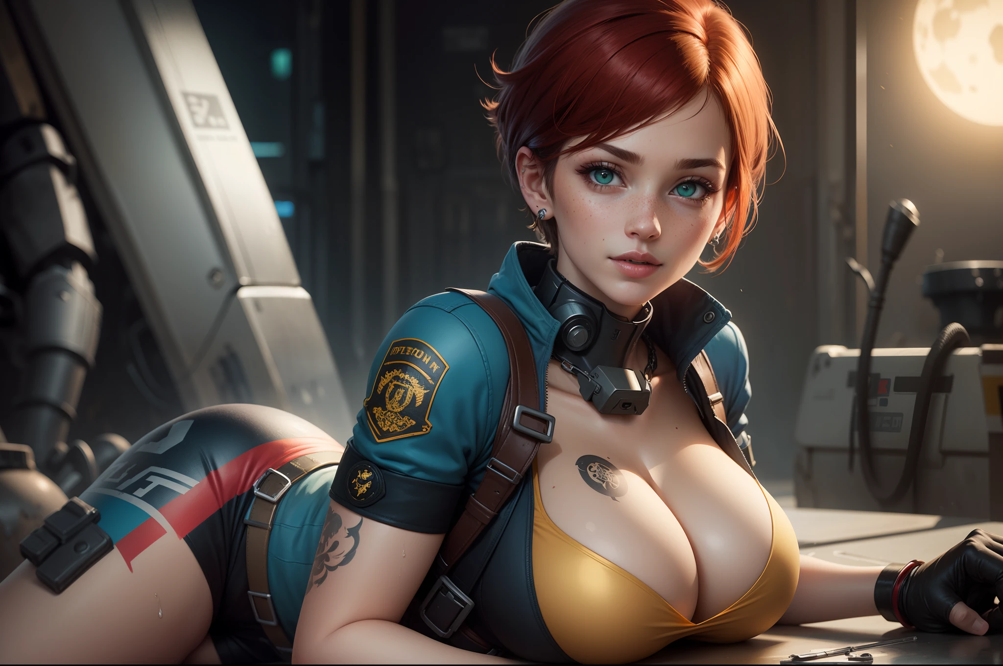 gwen tennyson,tracer,jill valentine, rebecca chambers,overwatch,resident evil,close up,mecha pilot,body paint, haunted mansion,tattoos,blue and gray plugsuit,white short sleeve silk top,steel cargo pants,uncovered belly, short hair,cute makeup,green eyes, red and gold hair,shy smile,freckles, redhead,beautiful girl,large breasts, ultra detailed,realistic,fantasy art, military uniform,steel armor,monster lab,moonlight,police uniform,pilot jacket,ear piercings,hair pin,wet body, portrait close up,solo girl,single person,