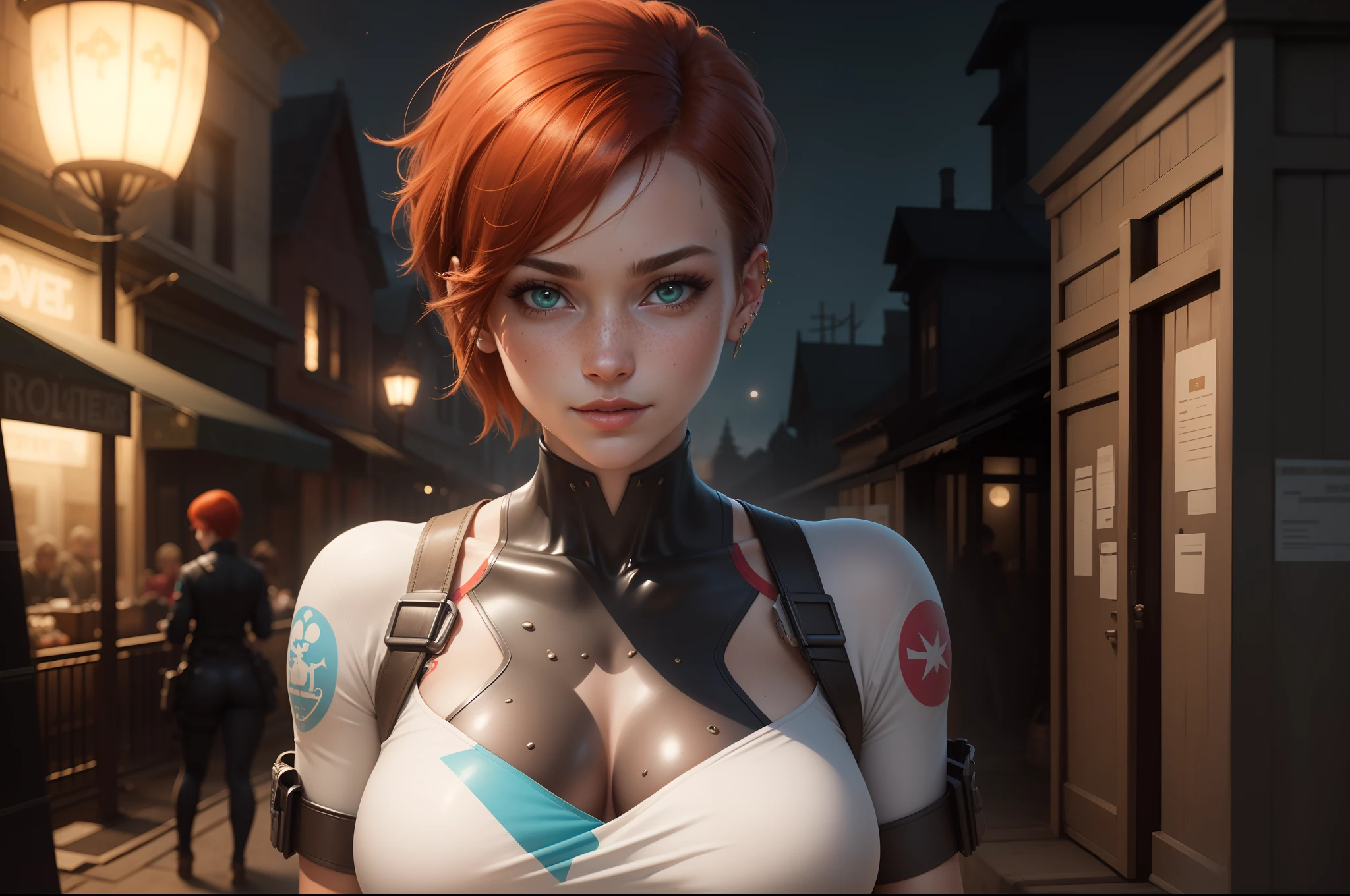 gwen tennyson,tracer,jill valentine, rebecca chambers,overwatch,resident evil,close up,mecha pilot,body paint, haunted mansion,tattoos,blue and gray plugsuit,white short sleeve silk top,steel cargo pants,uncovered belly, short hair,cute makeup,green eyes, red and gold hair,shy smile,freckles, redhead,beautiful girl,large breasts, ultra detailed,realistic,fantasy art, military uniform,steel armor,monster lab,moonlight,police uniform,pilot jacket,ear piercings,hair pin,wet body, portrait close up,solo girl,single person,