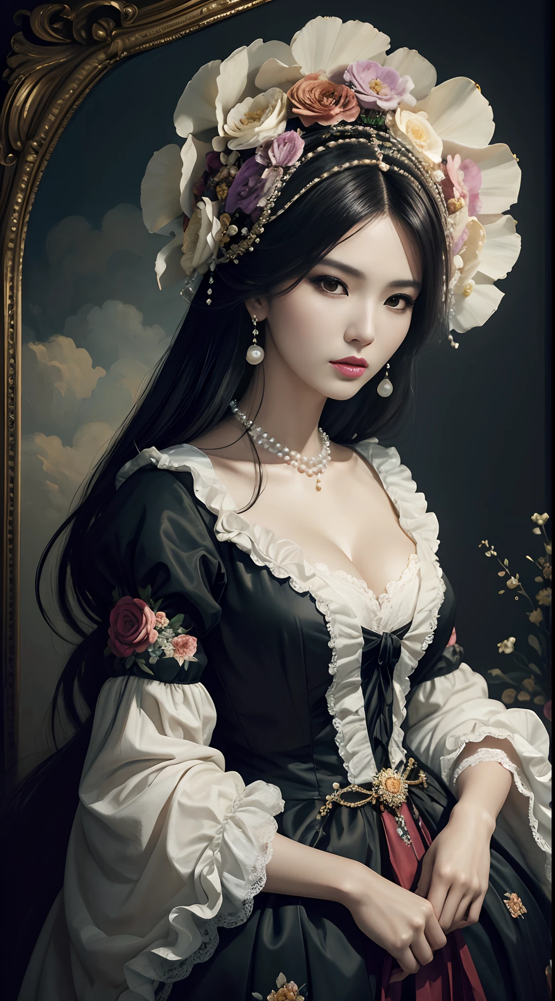 Maria Ozawa Miyabi, young & beautiful, photorealistic, (masterpiece, raw photo, fashion editorial), a woman, big wig, (flowers), dark shot, rococo, seraphim, dress, pearls, painted backdrop, canvas texture, paint brushstroke texture, cloud, in the style of Victor Ngai --auto