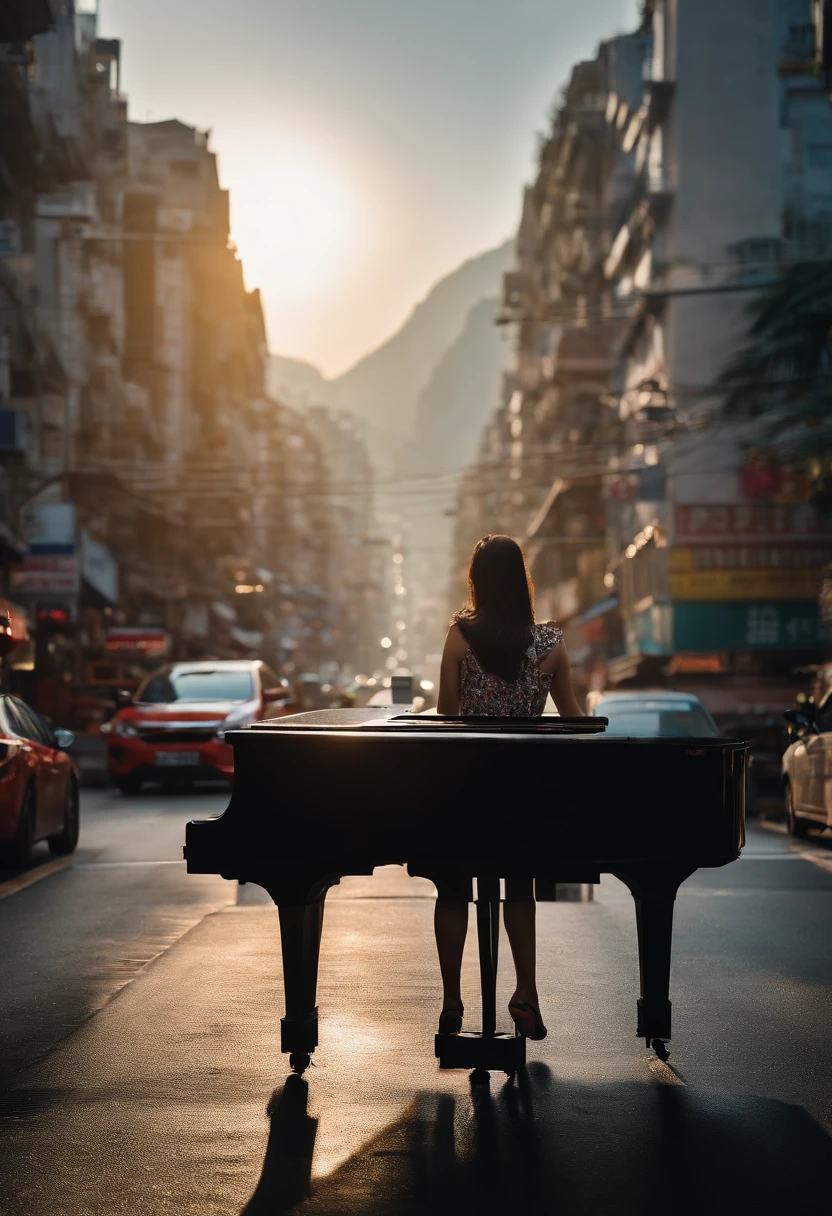 Cinema lenses, cinematic lighting, Photo, beautiful girl is playing the piano, heavy traffic, city, Hong Kong movie scenes, morning landscape