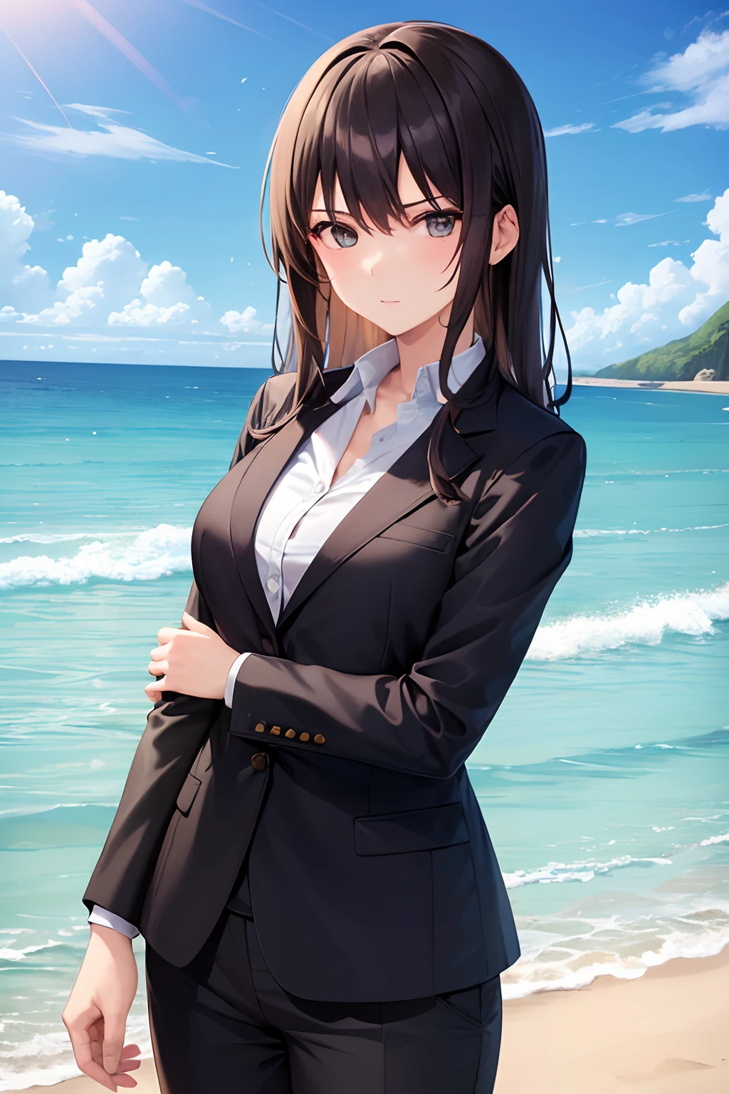 1girl, suit, beach, office lady, black pants, black blazer, brown hair, long hair, ager,