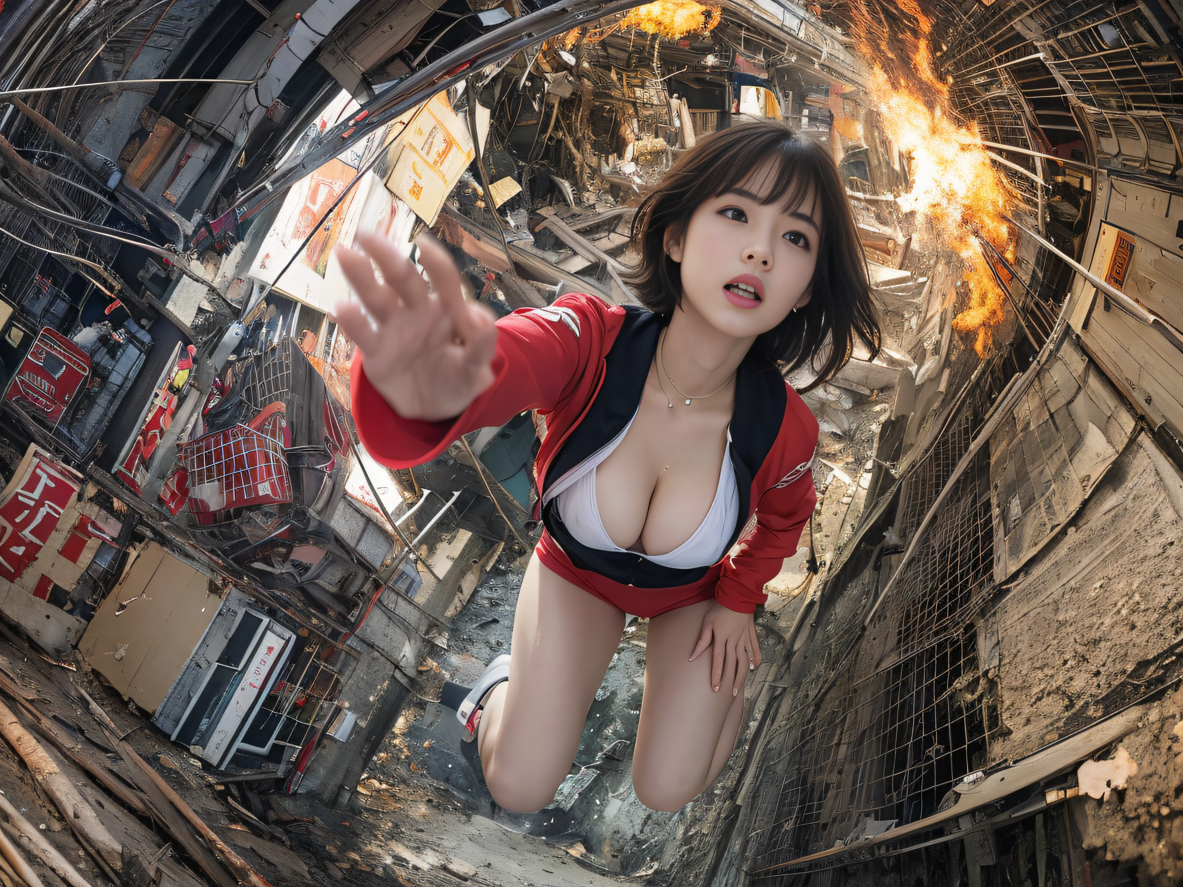 Top image quality, 电影灯光, 1girl in, 17 age, japanes, embarassed face, Detained fugitives, Running figure, Brown hair, short-cut, Full body white pilot suit:1.3, cleavage of the breast, cyberpunked, Night sky with countless stars twinkling, Shining Milky Way, Heavy rain:1.3, Ruins, Laser beam attack, big explosion:1.3, Pillar of fire:1.2, A city engulfed in flames, floods, wetting hair:1.5, wetted skin:1.5, puddle, Detailed eyes, detailed skin textures, cammel toe, Detailed CG image quality, 8mm fisheye lens, Angle looking up from below:1.2, (Full Body Angle), The whole body is soaking wet, Fast shutter speed,