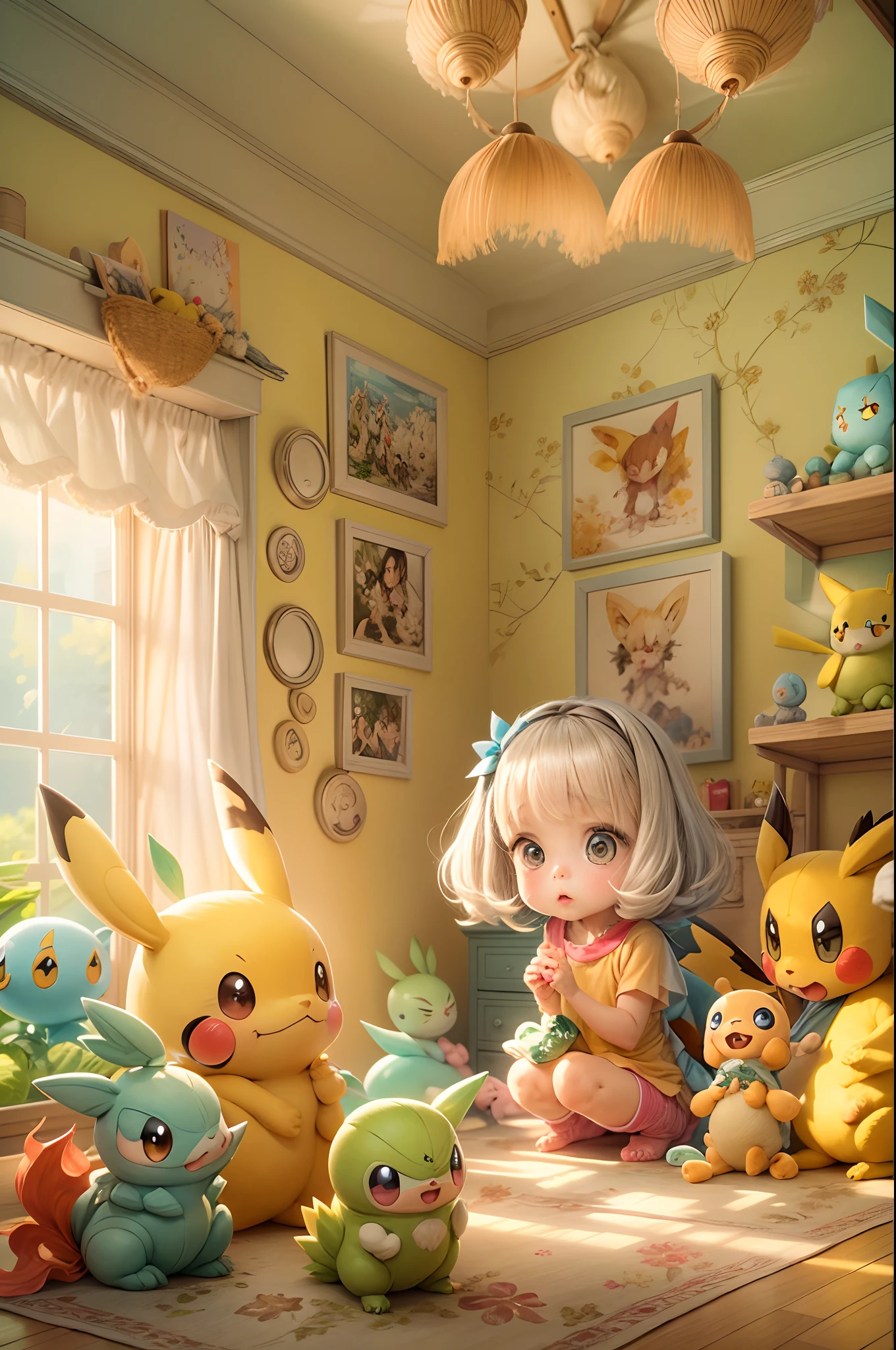 "A heartwarming image portrays a little girl amidst her Pokémon friends in a room designed for pure kawaii magic. The play of natural light through the room creates a sense of cosiness that's perfect for a captivating piece of art.