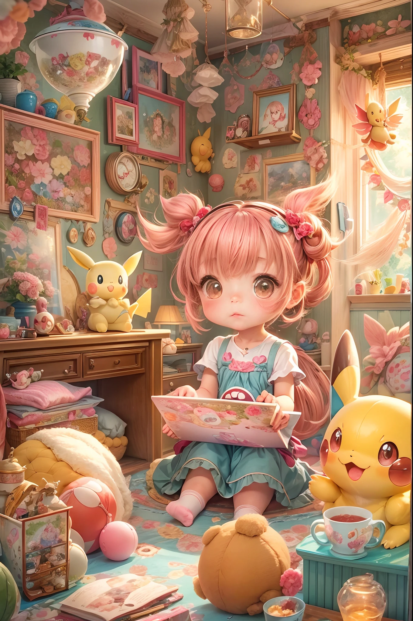"A heartwarming image portrays a amidst her Pokémon friends in a room designed for pure kawaii magic. The play of natural light through the room creates a sense of cosiness that's perfect for a captivating piece of art.