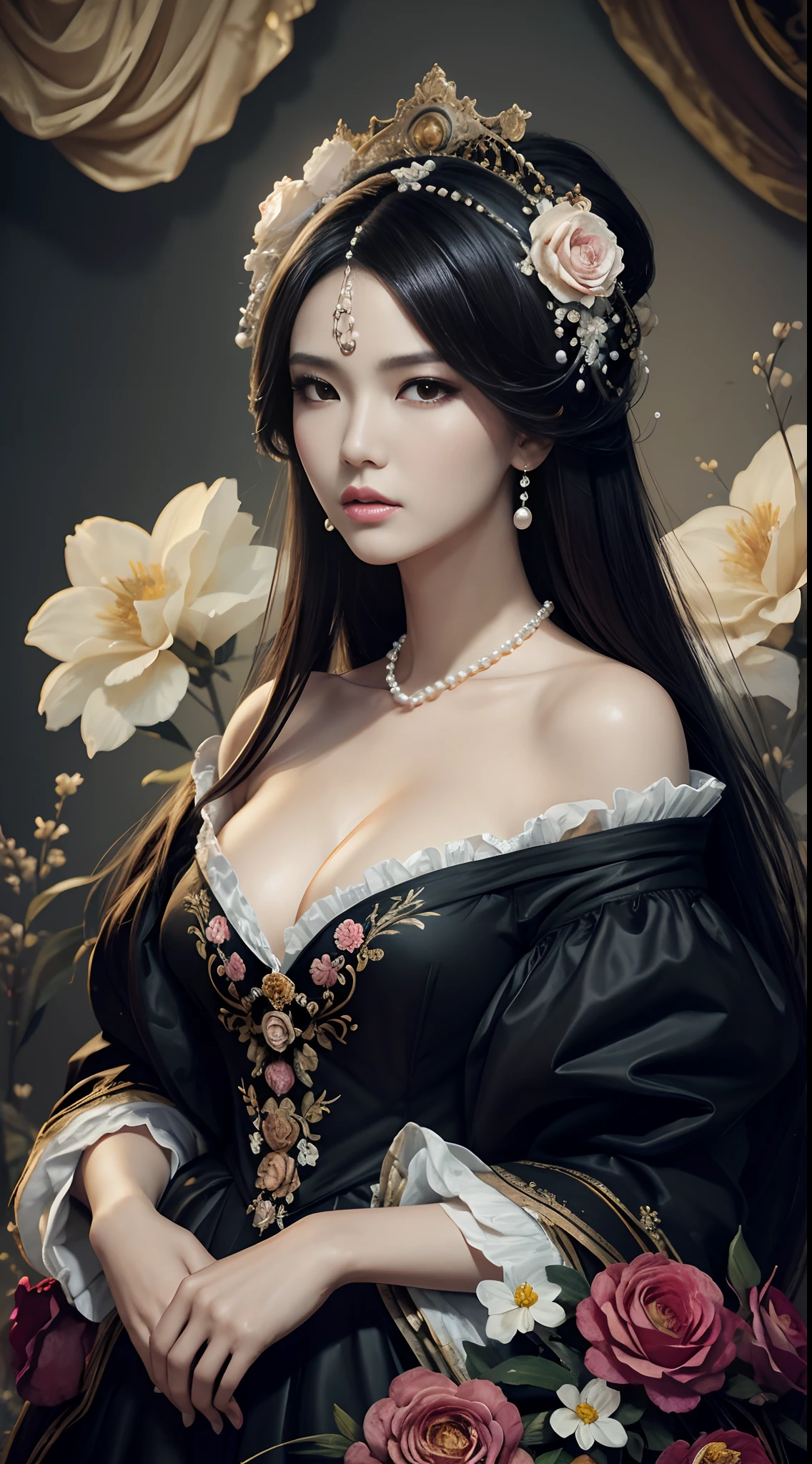 Maria Ozawa Miyabi, young & beautiful, photorealistic, (masterpiece, raw photo, fashion editorial), a woman, big wig, (flowers), dark shot, rococo, seraphim, dress, pearls, painted backdrop, canvas texture, paint brushstroke texture, cloud, in the style of Victor Ngai --auto