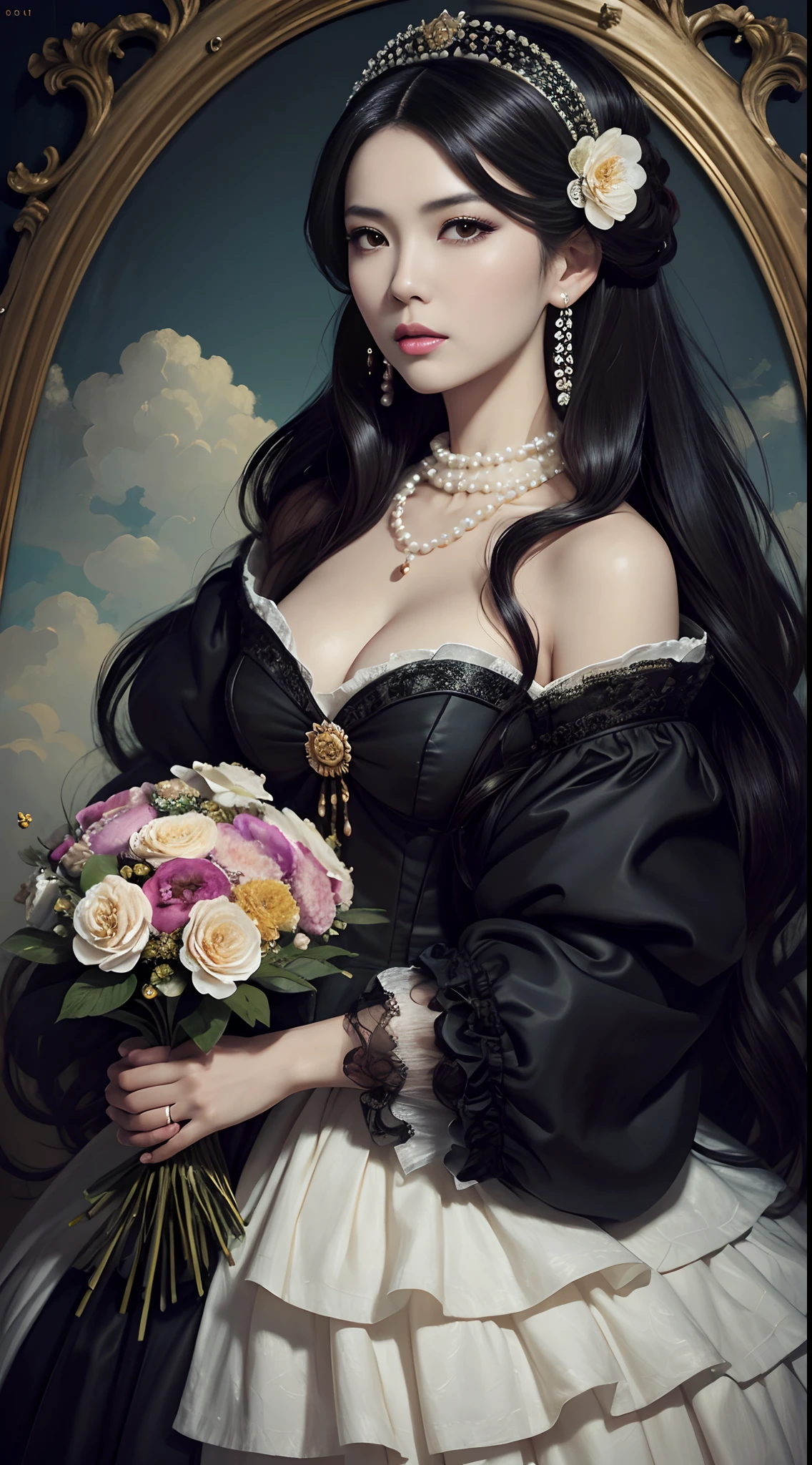 Maria Ozawa Miyabi, young & beautiful, photorealistic, (masterpiece, raw photo, fashion editorial), a woman, big wig, (flowers), dark shot, rococo, seraphim, dress, pearls, painted backdrop, canvas texture, paint brushstroke texture, cloud, in the style of Victor Ngai --auto