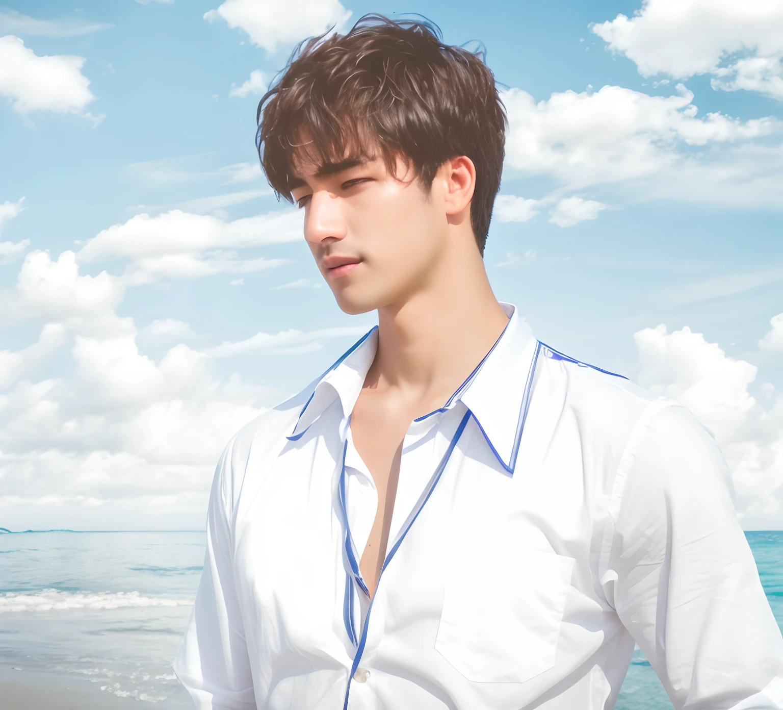 man in white shirt standing on the beach with ocean in background