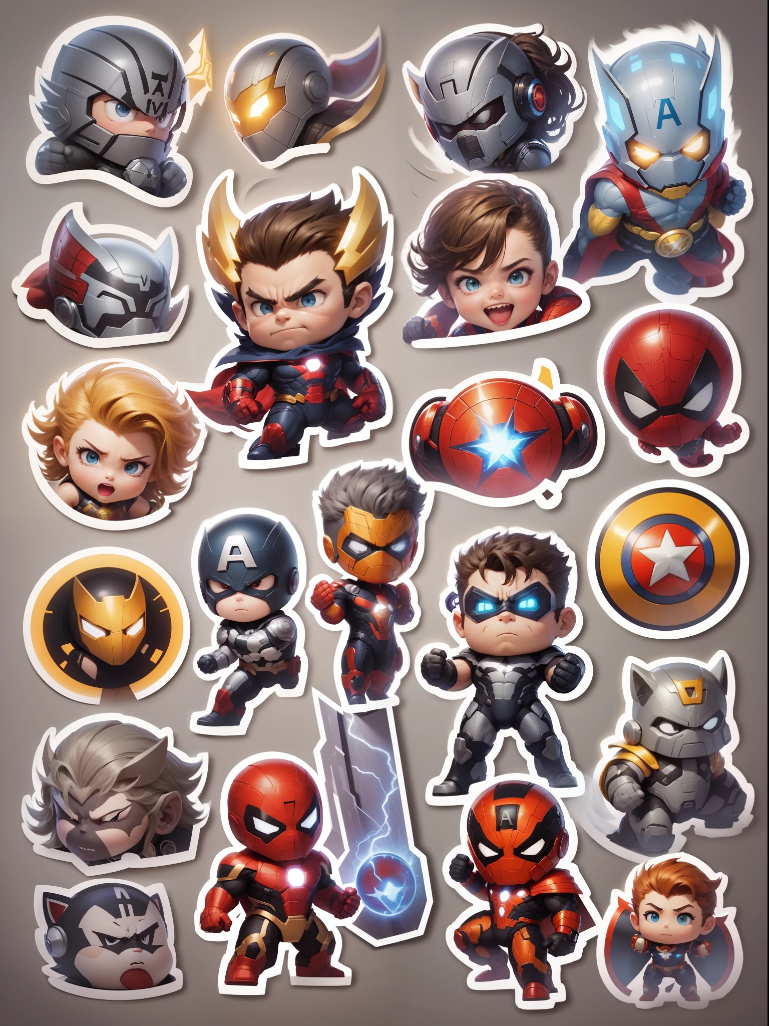 A set of stickers of marvel heroes,gray background, studio lights, shinning and glowing lit effects, detailed sticker set, 24K UHD resolution