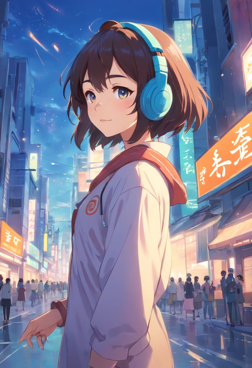 (best quality,ultra-detailed,cartoon),anime,character,portraits,Asian girl,adorable girl,headset,satisfied expression,vibrant colors,fantastical background,sparkling eyes,long flowing hair,elegant pose,cute outfit,playful atmosphere,soft lighting,highly detailed facial features,stylized shading,intricate line work,expressive emotions,beautifully textured,anime art style