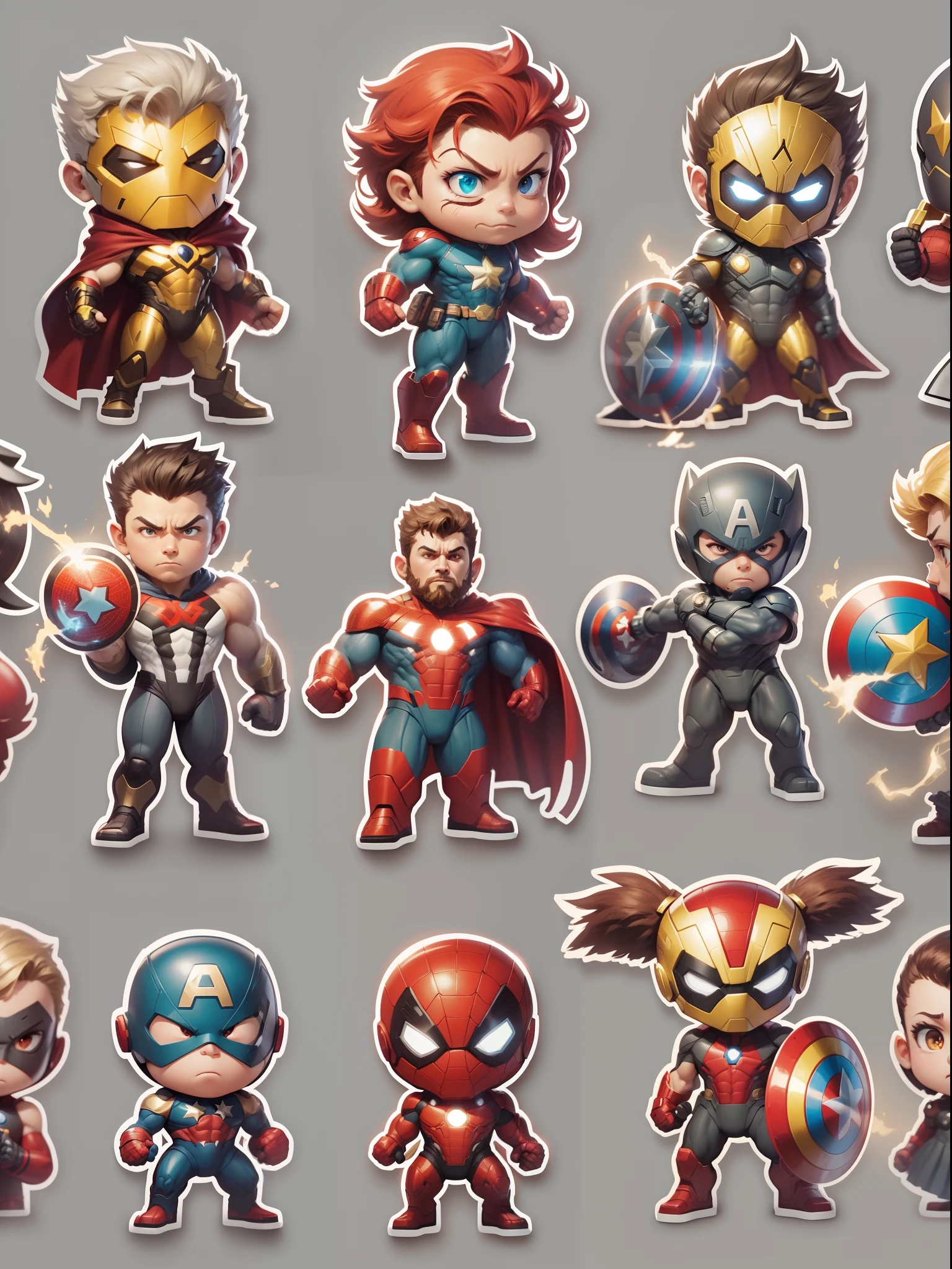 A set of stickers of marvel heroes,gray background, studio lights, shinning and glowing lit effects, detailed sticker set, 24K UHD resolution