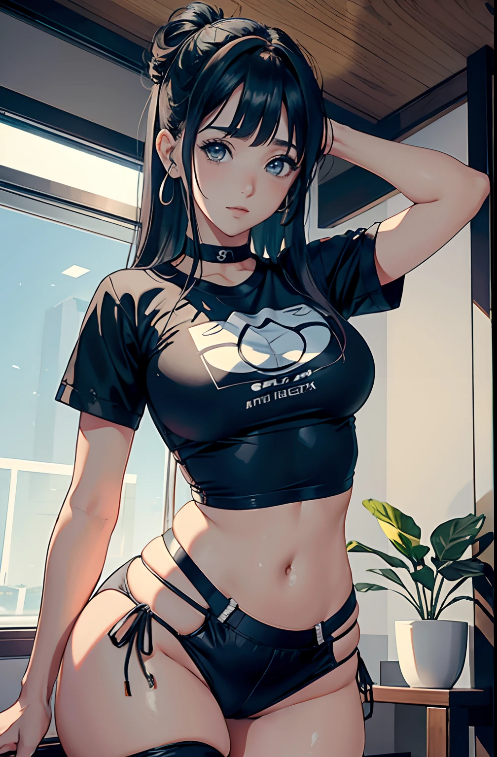 (Hinata Hyuga, muito sensual, com roupas apertadas, bunda grande, pernas grossas, calçaleggingpreta extremamenteapertada, usando uma mini blusa, umbigo com pirsing, cabelo grande, Speaker behind, muito realista, extremamente sexy, 8k, 8k extremamente detalhado), (um extremamente delicado e bonito), (obra-prima), (melhor qualidade: 1.0), (ultra highres:1.0)