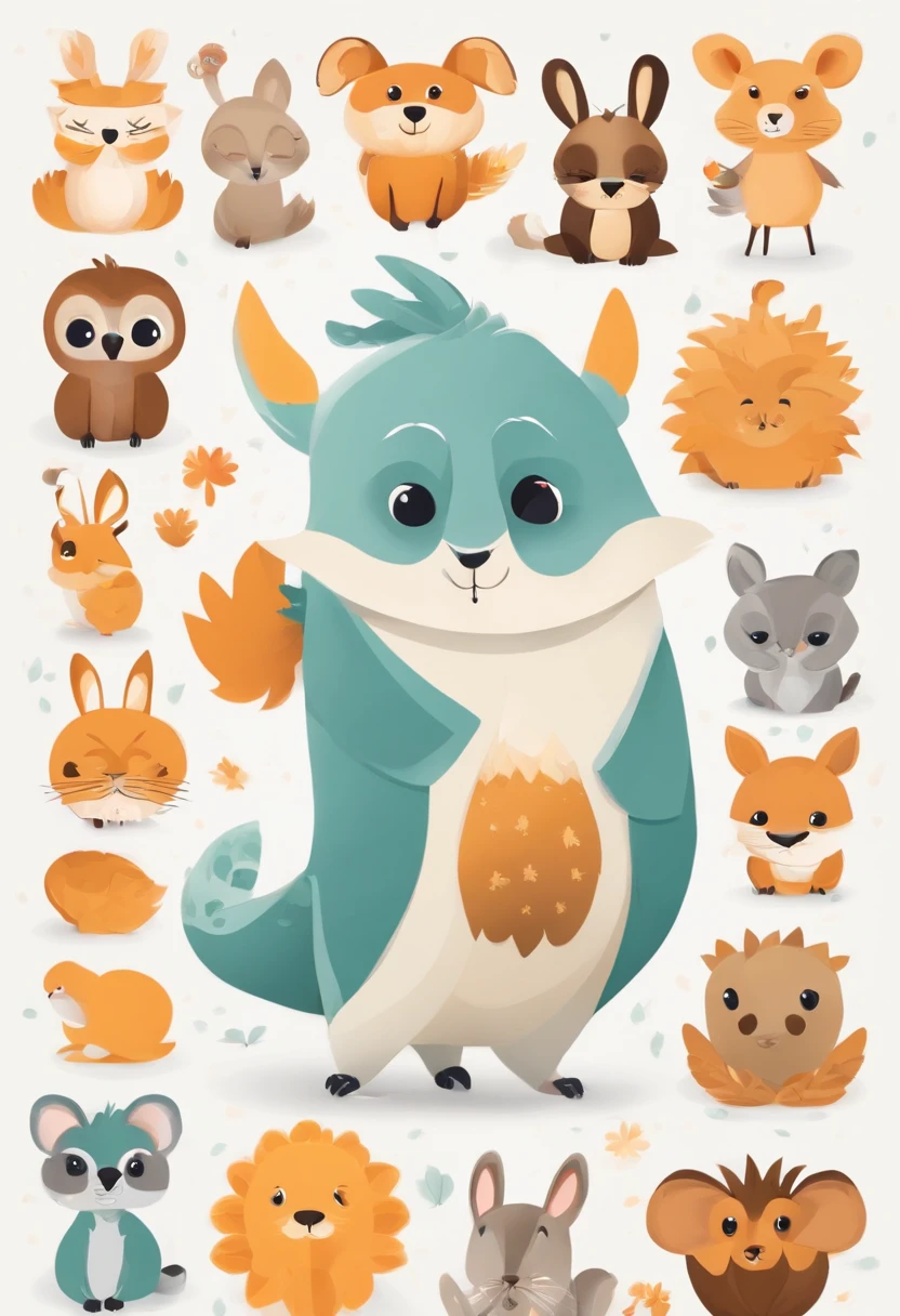 (Cartoon critters),adolable,(Sticker screen),white edges,Distribute to typesetting sets,(Sticker style),Flat style,Small animals,cute illustration,Flat illustration,paper cut out,solid color backdrop