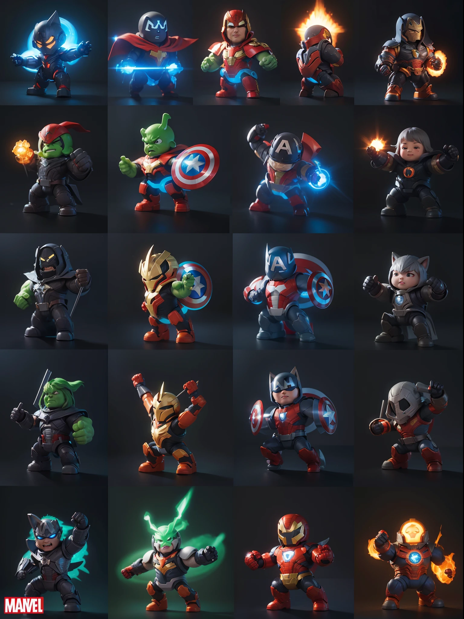 A set of stickers of marvel heroes,gray background, studio lights, shinning and glowing lit effects, detailed sticker set, 24K UHD resolution