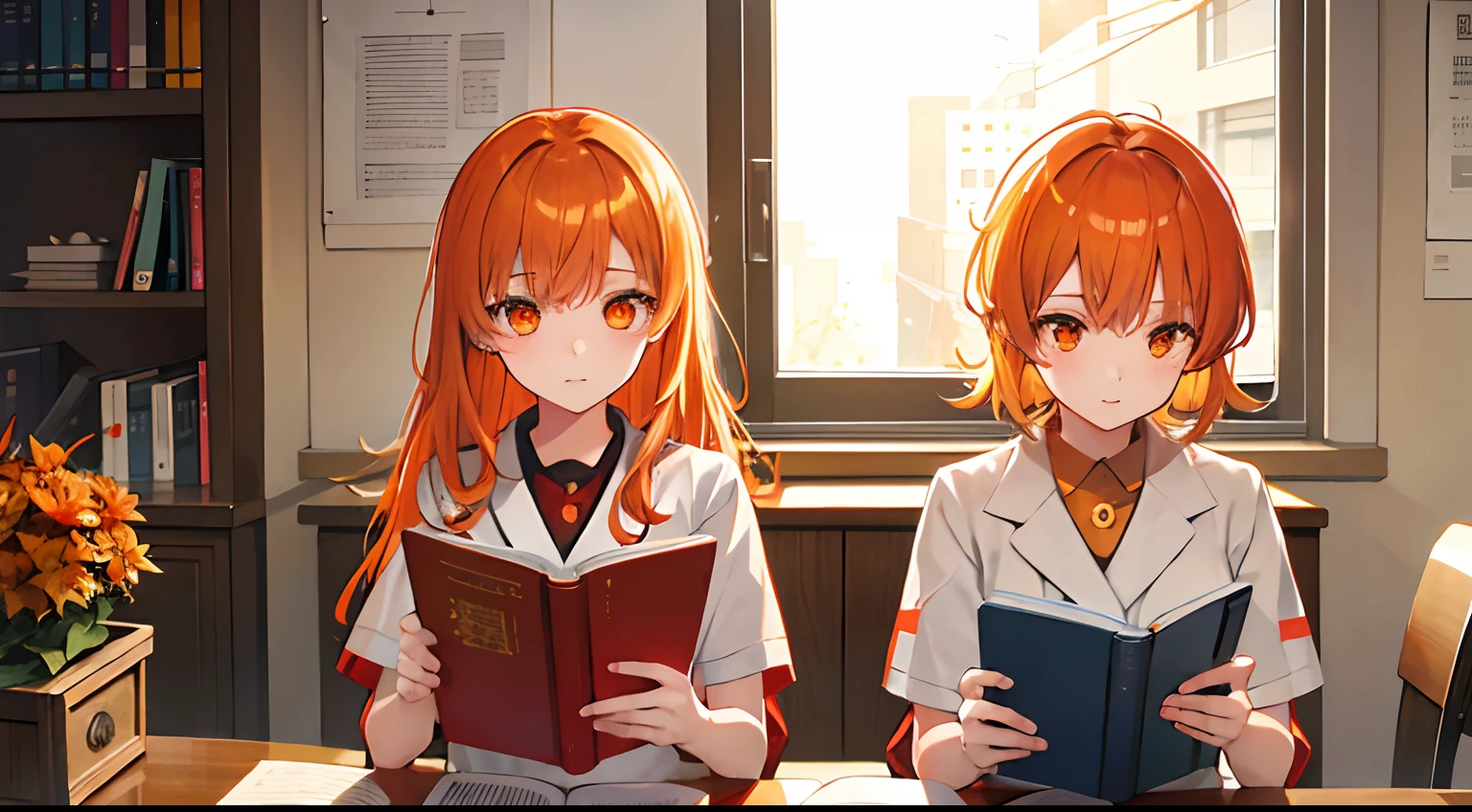 Two Girls、lecture、nurse、nurse's outfit、autumnal、read a book、study、Orange hair、Orange eyes