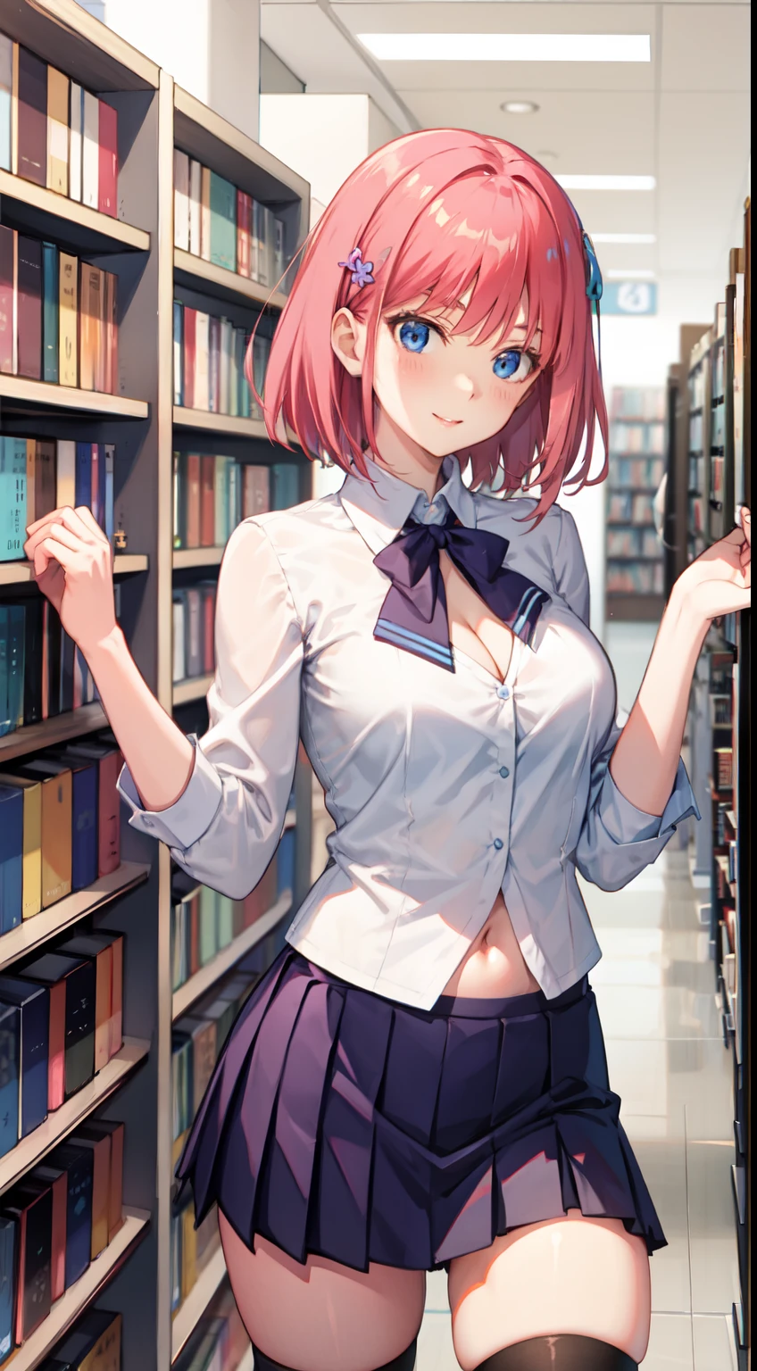 nakano_nino, short hair, slim legs, happy, cleavage, short skirt, navel, blue eyes, school uniform, thigh high socks, stand, library, pink hair