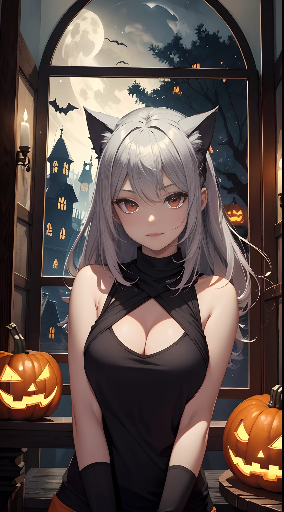 top-quality, Top image quality, masterpiece, Teens girl, Black and orange tank top, Orange and black shorts, Orange scarf, Best Bust, Bust 85、Silver hair, Longhaire, Red Eyes, Open ????? wide, Valley, Happiness, A slender, Blood coating, Leaning forward, Emphasis on the ?????, cat ear, excited expressions, gloves, Beautiful Art, window, dark sky, Halloween at night, the bats, pumpkins, Nightmare, Halloween, forest pathway, masterpiece, Elaborate design, visual art, Theater Screen