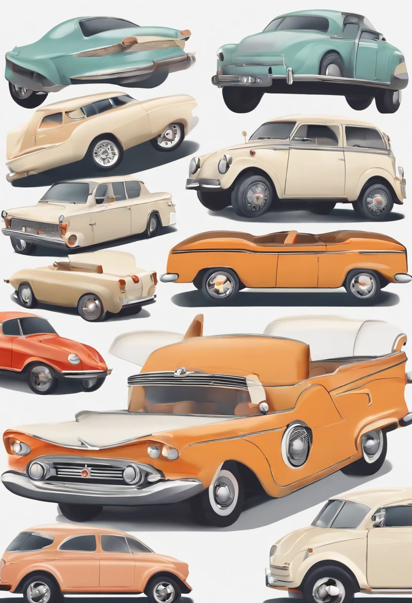 （Cartoon critters），adolable，（Sticker screen），white edges，Distribute to typesetting sets，（Sticker style），Flat style，Different styles of cars，cute illustration，Flat illustration，paper cut out，solid color backdrop