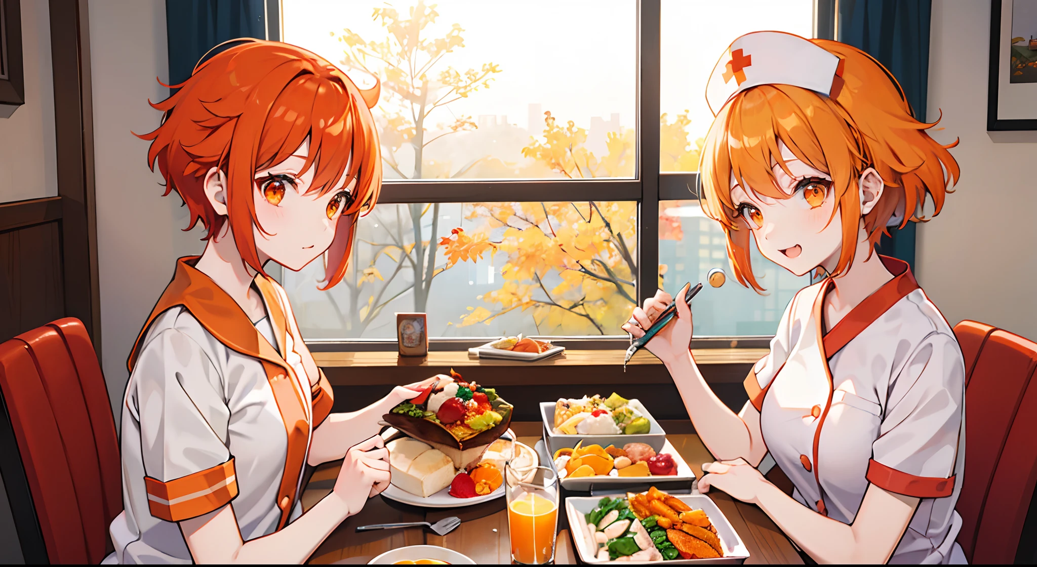 Two Girls、nurse、nurse's outfit、autumnal、Orange hair、Orange eyes、Nurse Cap、short-cut、eats、Dining、lunch