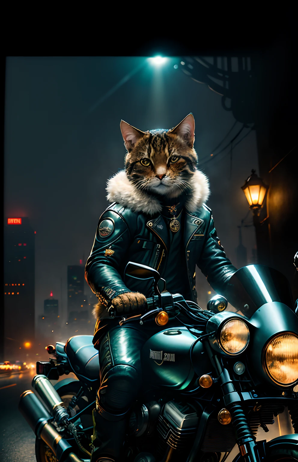 Masterpiece, (ultradadetailed), (Animal anthropomorphism), Gangster theme, Kittens,jaket, Lovely,(((Ride a motorcycle in dim light))),Machine guns,smog,shadowing,Corrupt cityscape,HighestQuali,solofocus,(Thin and light:1.04),full bodyesbian,复杂(high detal:1.1)