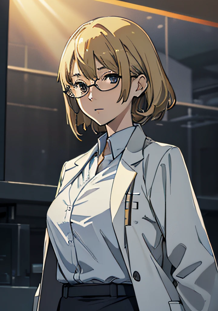 masterpiece, (volumetric lighting:1.5), (atmospheric:1.5), best quality, best artist, 4k wallpaper, 1girl, ritsuko, lab coat, blonde hair, glasses, happy, large breasts, looking at viewer, solo, showing indifference, soccer field