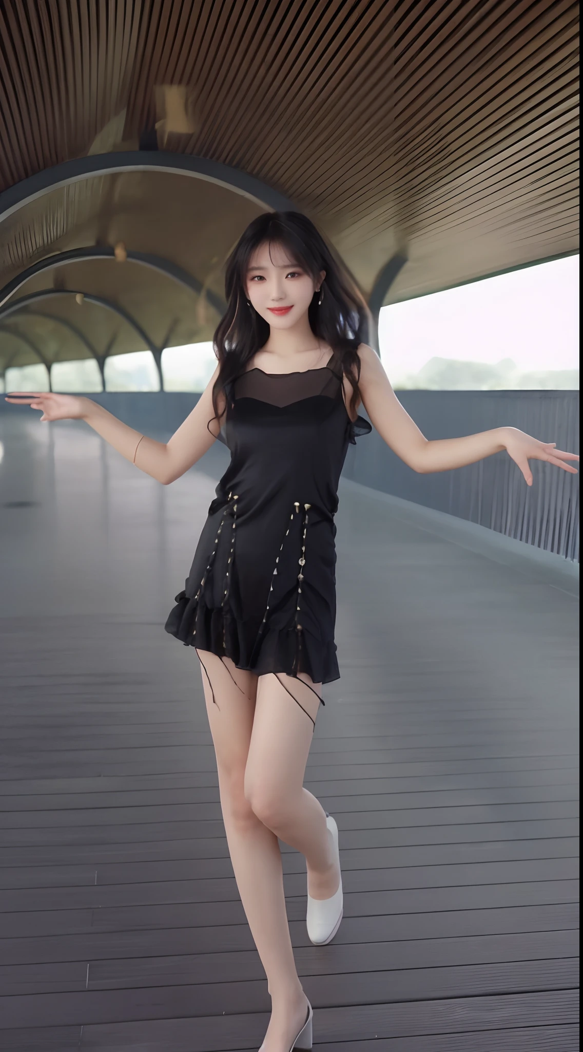 Woman in black dress and white shoes posing on bridge, full-body xianxia, Anime girl wearing black dress, Sexy dress, Chinese girl, she wears a black dress, dressed with long fluent clothes, wearing a black dress, pretty face with arms and legs, with a thin waist, gorgeous chinese models, elegant smiling pose, photo of slim girl model