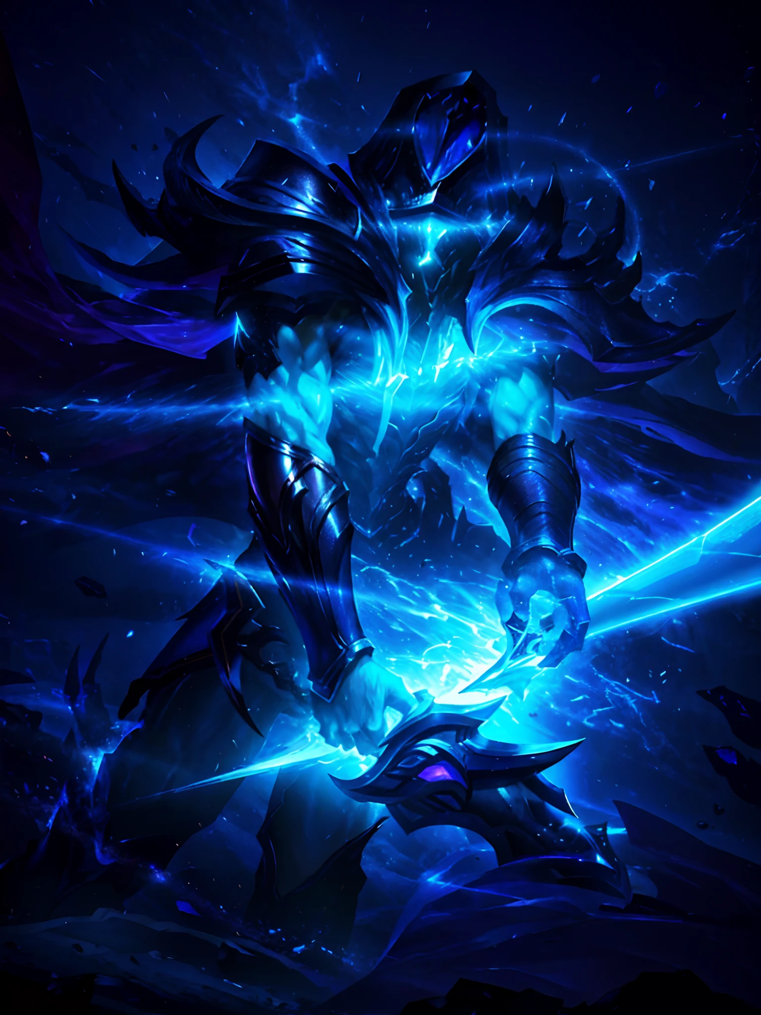 In a dark room, A close-up of a man holding a sword,Depicts the Nocturne of Champions in League of Legends, Features mysterious elements inspired by League of Legends, Showcase the champion's artwork,From splash art to concept art, Use the official splash art as a reference, Emphasize the character's mysterious style, Present the champion in a mysterious way, Highlight the dark aura around the character, Features the Grey Lord skin of Nocturne, Plays the character of Parker, Display bright purple color theme, And make sure the images are of the highest quality, With Ultra HD resolution.