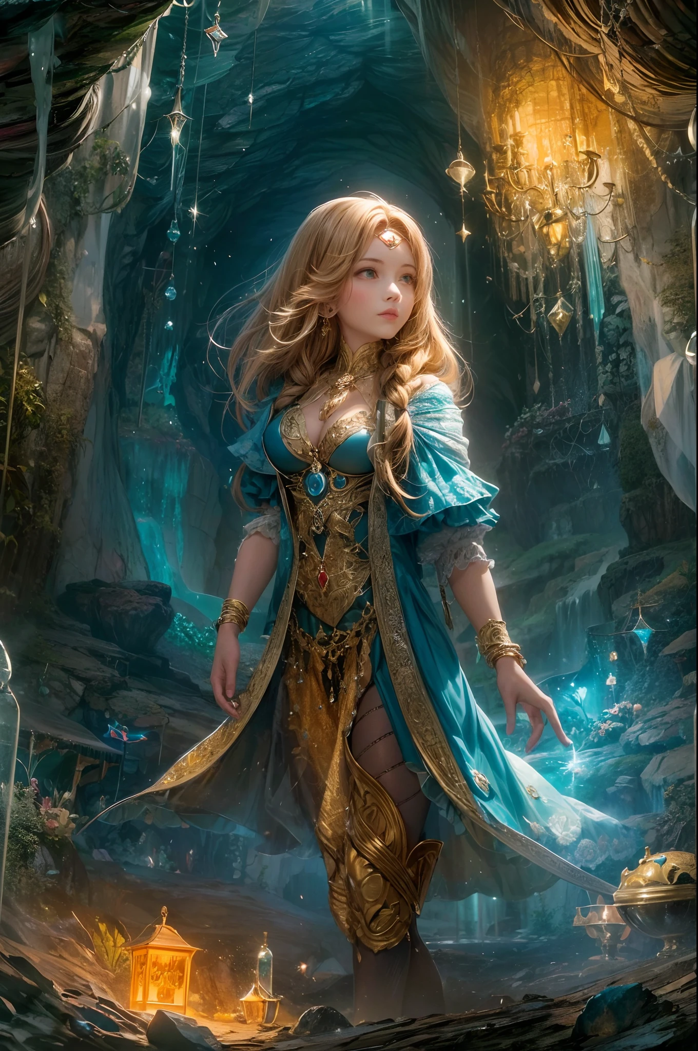"In the heart of the Cave of Wonders, a girl with flowing hair explores the breathtaking underground grotto. She is surrounded by enormous, glistening gemstones, their vivid colors casting a magical allure. The play of light and shadows adds depth and mystery to the scene.