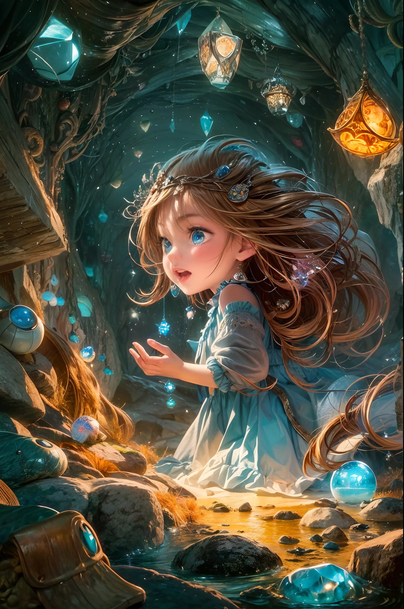 "In the heart of the Cave of Wonders, a girl with flowing hair explores the breathtaking underground grotto. She is surrounded by enormous, glistening gemstones, their vivid colors casting a magical allure. The play of light and shadows adds depth and mystery to the scene.