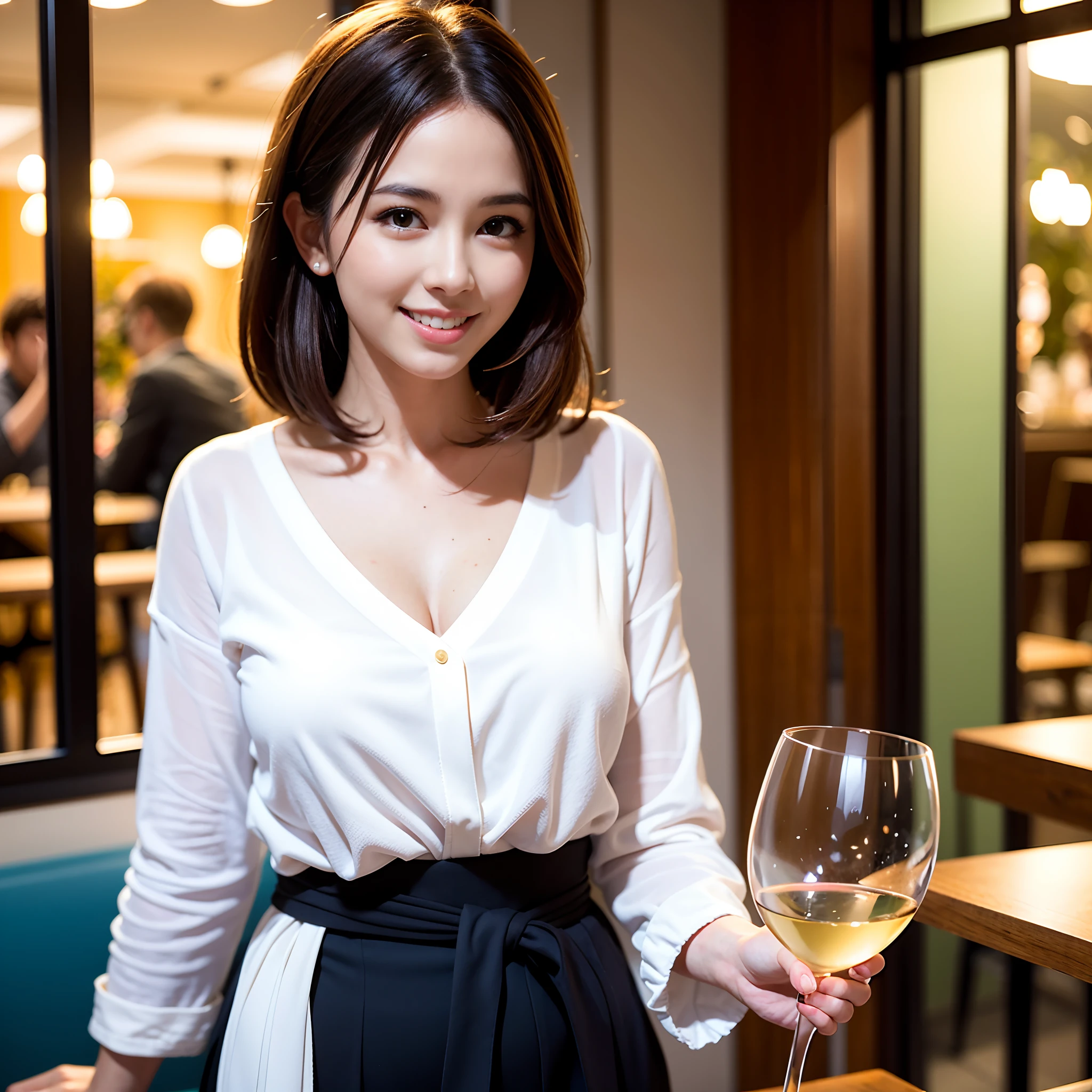 (64K, UHD, top quality, masterpiece: 1.2), (realistic, photorealistic: 1.37), super detailed, pretty woman 1 person, (slim face), (slim body), (brown hair), (short cut), cheeks slightly blushing, (44 years old), 38 years old, solo, beautiful detailed urban night view outside the window, restaurant, wine glasses sit, at night, in a prominent placeNovaFrogStyle, Actress, Model, Waist Up, White Wine, Slim, Wine Glass, Super Clean Night View, Wine Glass Put in the Middle, Happy Smile, (Smile: 1.15), Beautiful Fine Eyes, Upper Body, Bust Japan Up, Night, Short, Short, Actress, Model, Waist Up, White Wine, Slim, Wine Glass, Super Clean Night View, Wine Glass Put in the Middle, Happy Smile,