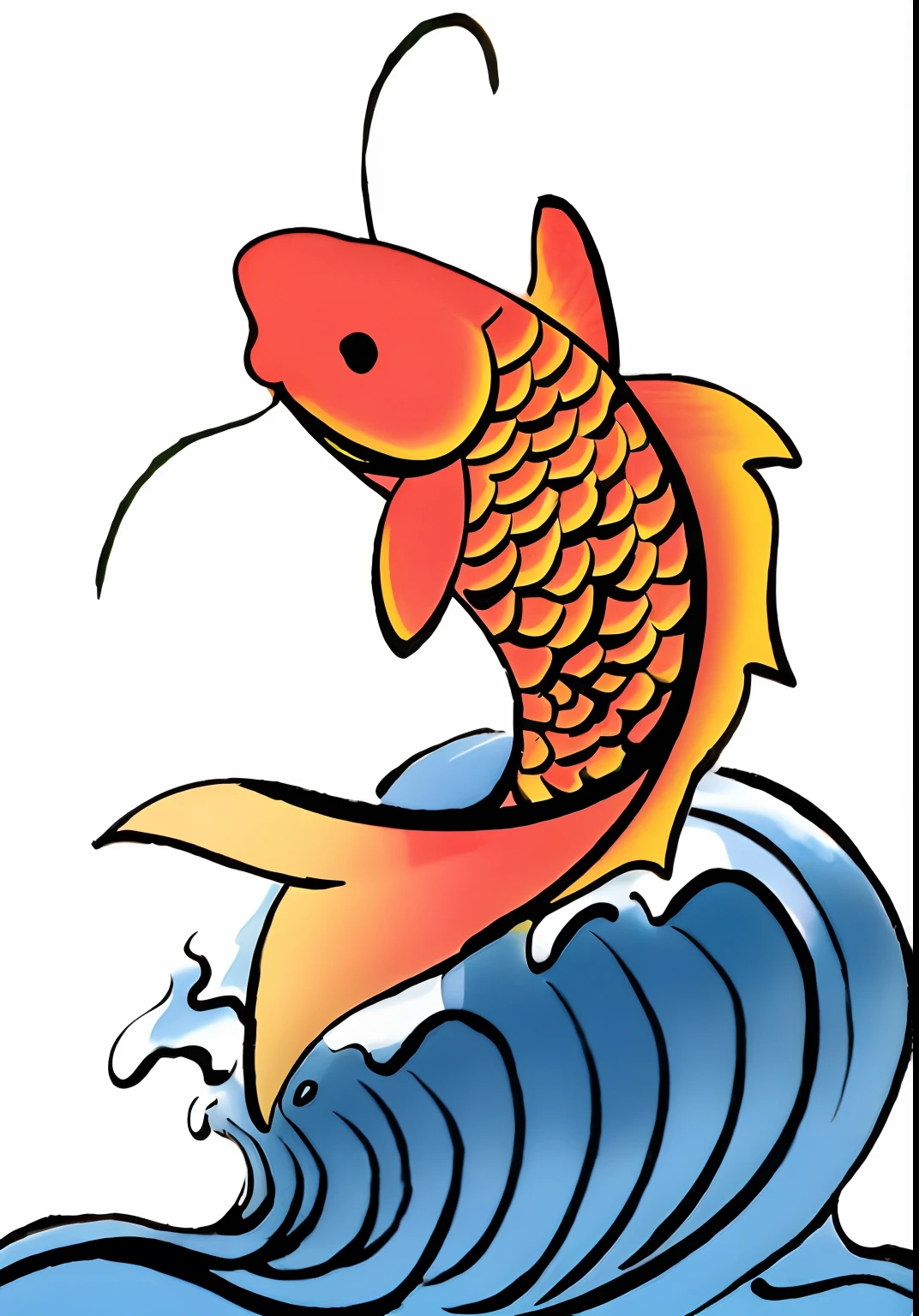 A cartoon fish jumping out of waves on white background, ( ( ( koi colors ) ) ), inspired by Katsushika Ōi, koi fishes, inspired by Shūbun Tenshō, inspired by Kameda Bōsai, hokusai style, inspired by Kawanabe Kyōsai, Koi